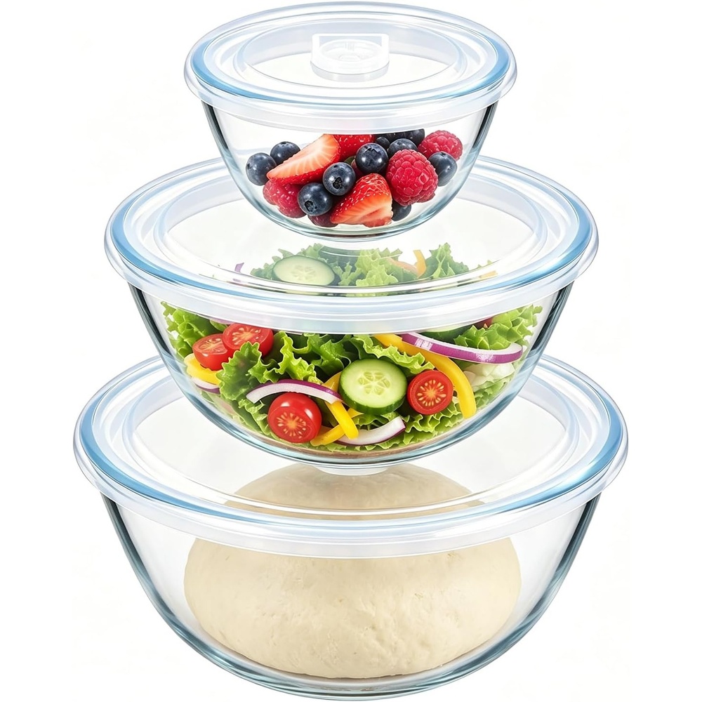 image:imageEfar Glass Mixing Bowls with Airtight Lids Set of 3 482908 Qt Clear Glass Salad Bowls for Cooking Prep Baking Serving Large Nesting Bowls for Storage Sourdough Proofing Dishwasher Safe