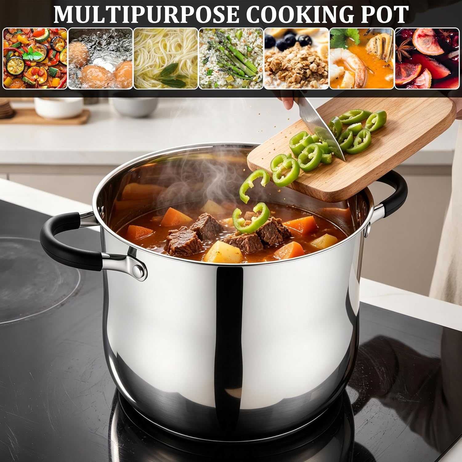 image:imageEfar 12 Quart Stock Pot Stainless Steel Pot with Lid for Cooking Soup Simmering Stew Tall Induction Pot wTriPly Thick Base Large Cooking Pot wDual Heat Proof Handles NoToxic amp Dishwasher Safe10 Quarts
