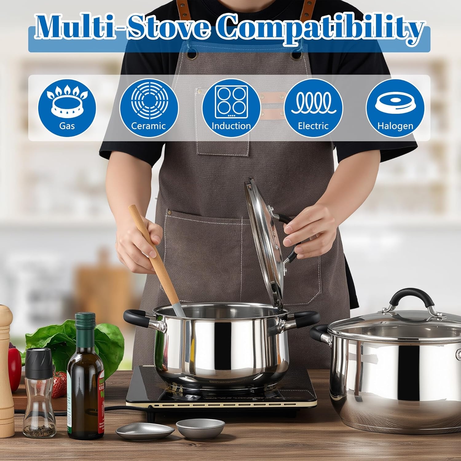 image:imageEfar 12 Quart Stock Pot Stainless Steel Pot with Lid for Cooking Soup Simmering Stew Tall Induction Pot wTriPly Thick Base Large Cooking Pot wDual Heat Proof Handles NoToxic amp Dishwasher Safe5 Quarts
