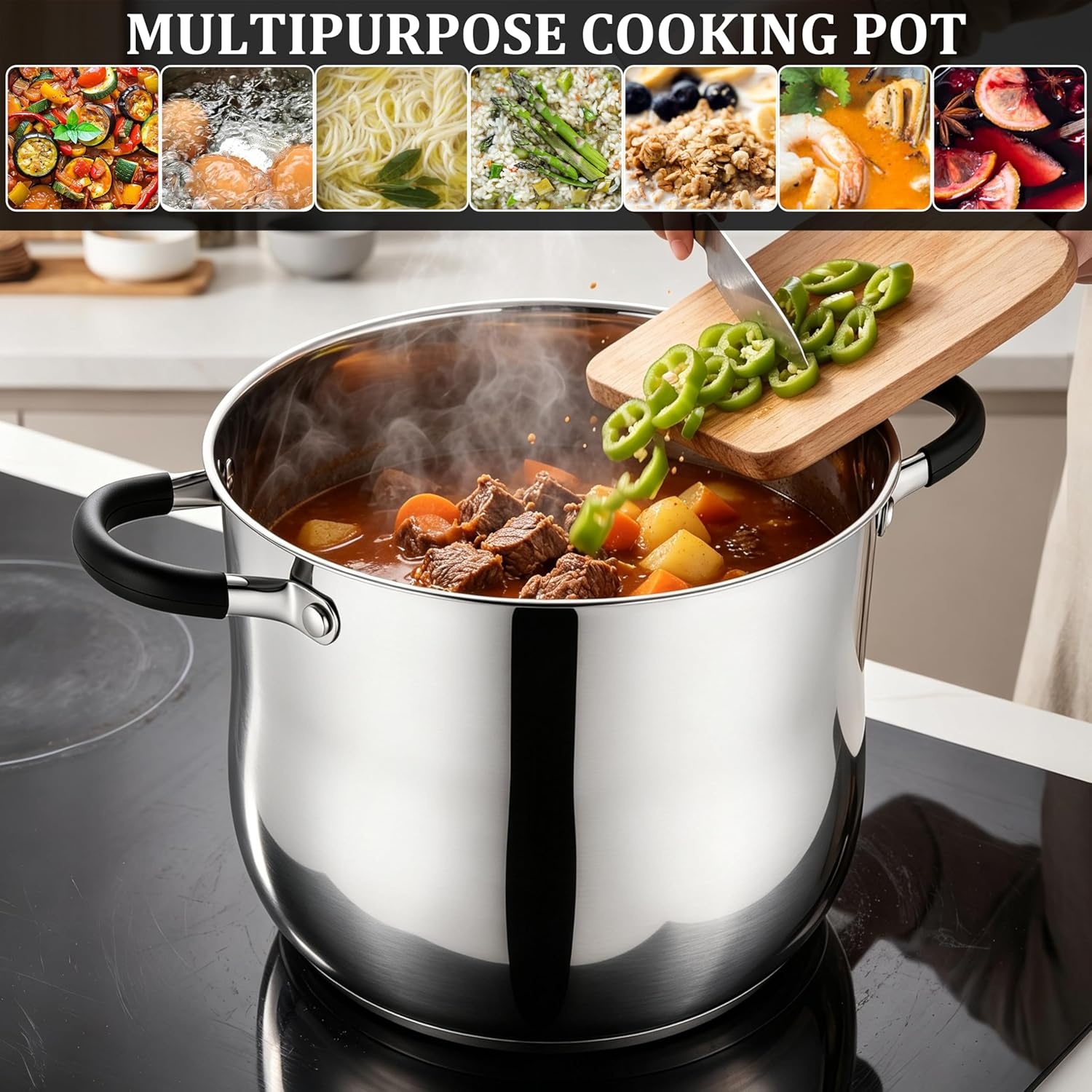 image:imageEfar 12 Quart Stock Pot Stainless Steel Pot with Lid for Cooking Soup Simmering Stew Tall Induction Pot wTriPly Thick Base Large Cooking Pot wDual Heat Proof Handles NoToxic amp Dishwasher Safe12 Quarts