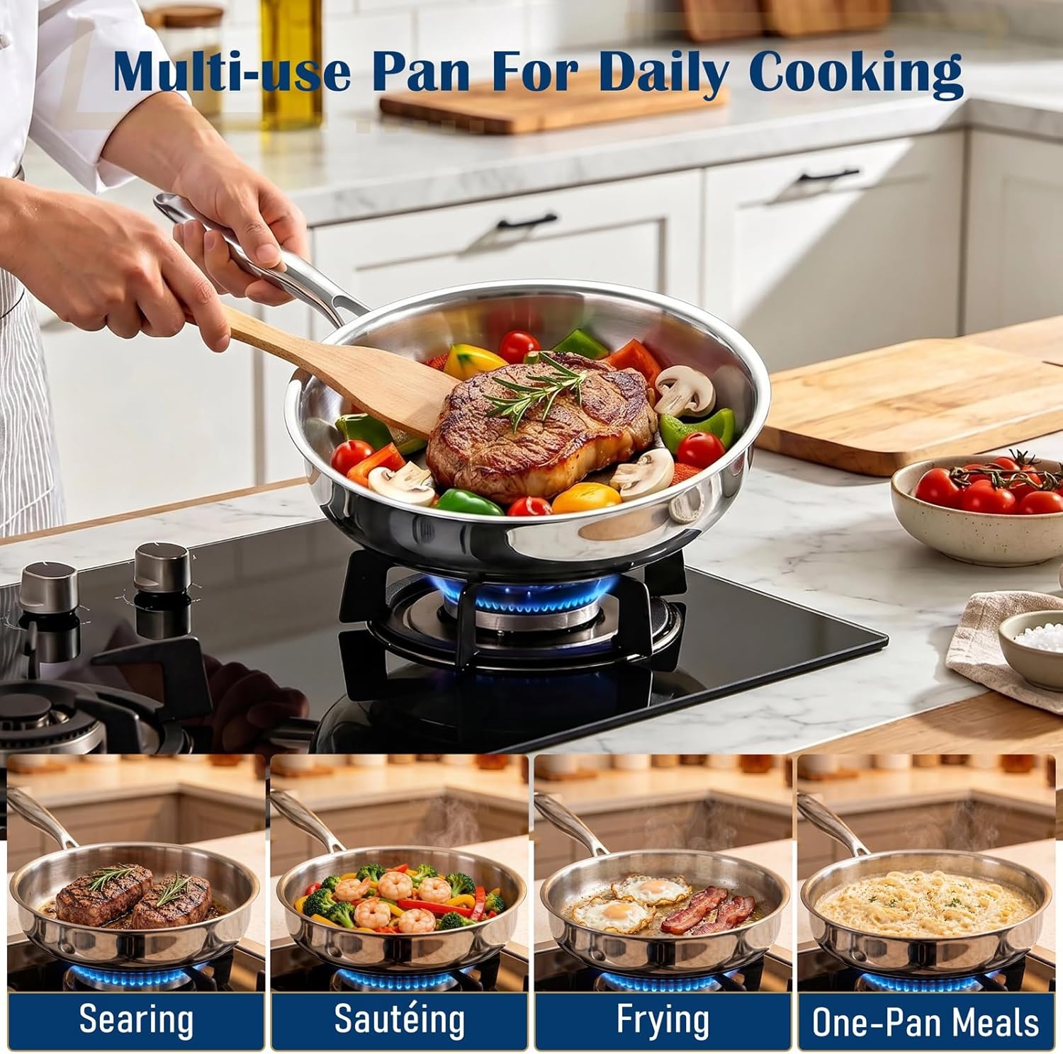 image:imageEfar 8 Inch Frying Pan Small TriPly Stainless Steel Skillet for Cooking Searing Sauting HeavyDuty amp NonToxic Cookware for Kitchen Induction Compatible Oven amp Dishwasher Safe1012 Inch