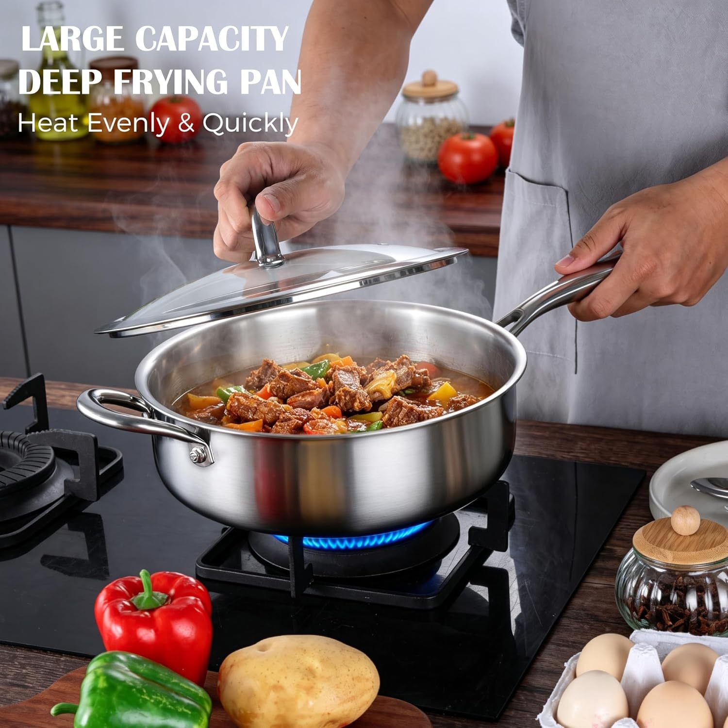 image:imageEfar Saute Pan with Lid 12 Inch 6QT TriPly Stainless Steel Deep Frying Pan Braiser Pan amp Chef Skillet Nontoxic Cooking Pan for Induction Ceramic Gas Stoves Heavy Duty Oven amp Dishwasher Safe10 Inch 45 QT