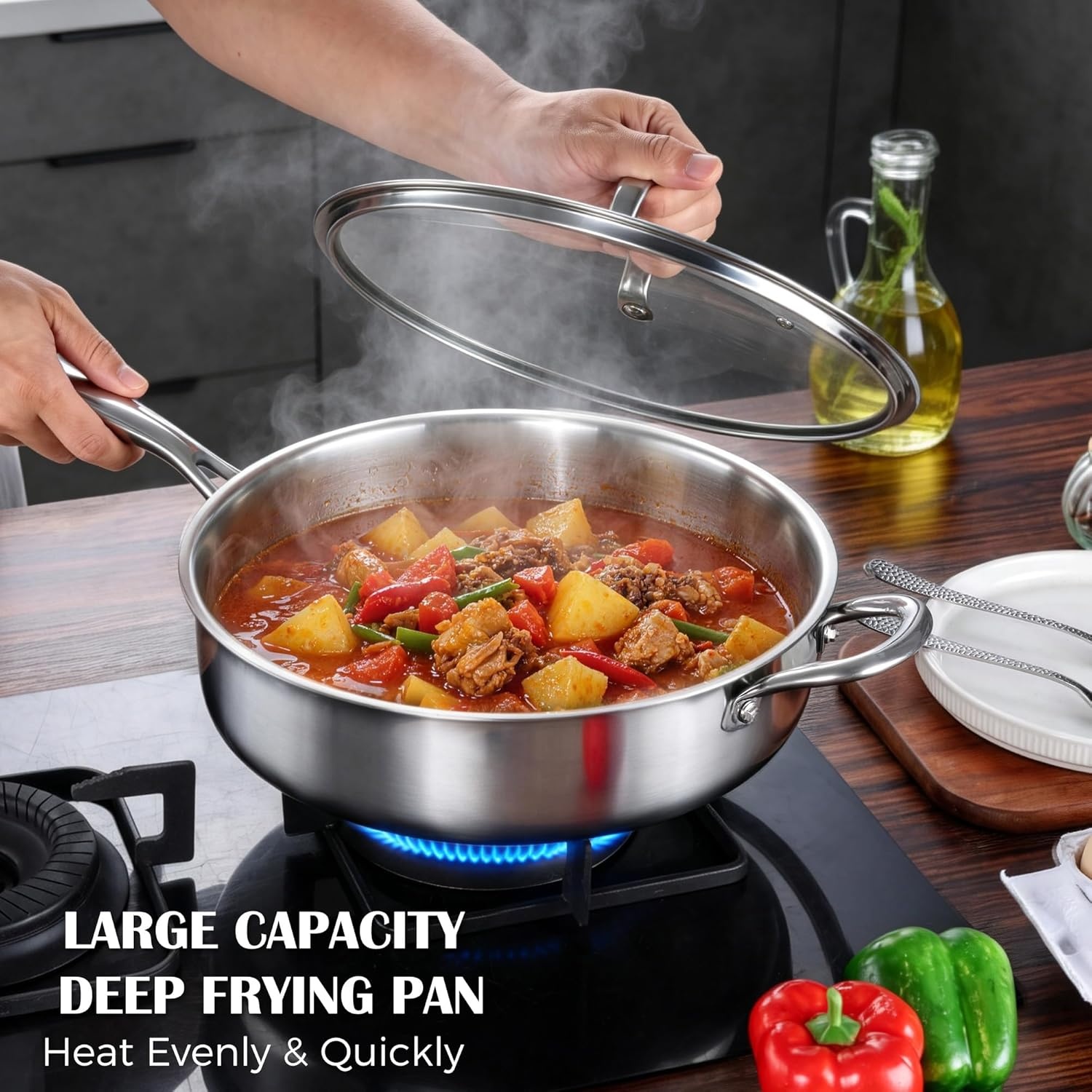 image:imageEfar Saute Pan with Lid 12 Inch 6QT TriPly Stainless Steel Deep Frying Pan Braiser Pan amp Chef Skillet Nontoxic Cooking Pan for Induction Ceramic Gas Stoves Heavy Duty Oven amp Dishwasher Safe12 Inch 5 QT