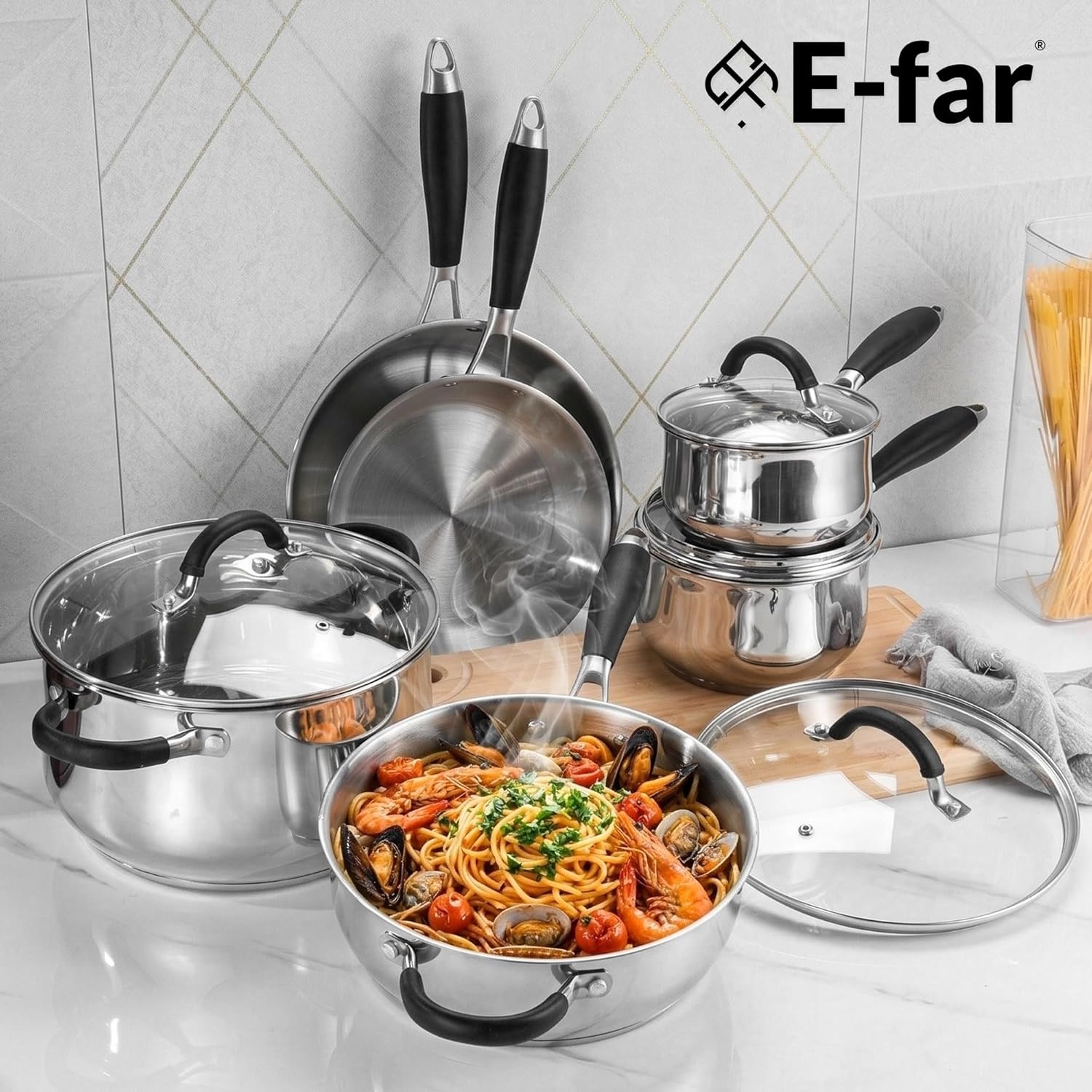 image:imageEfar Stainless Steel Cookware Set Induction TriPly Base Pots and Pans 10Piece NonToxic Kitchen Cooking Set wStayCool Handle Frying Pans Saucepans Stockpot with lid Oven amp Dishwasher Safe