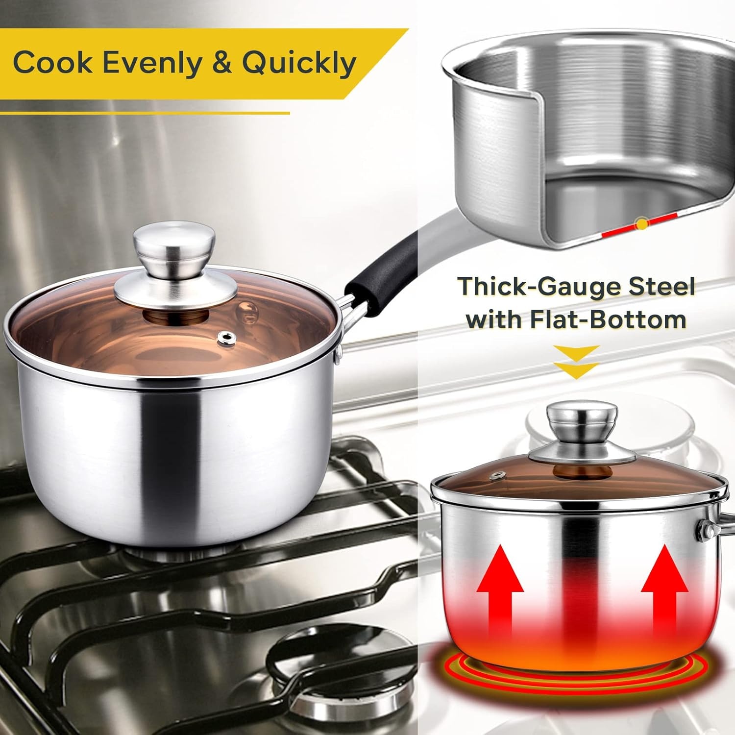 image:imageEfar Stainless Steel Saucepan Set of 3 1 amp 2 amp 3 Quart Sauce Pan with Lid Multipurpose Small Pot for Home Kitchen Restaurant Cooking Dishwasher SafeStainless Steel