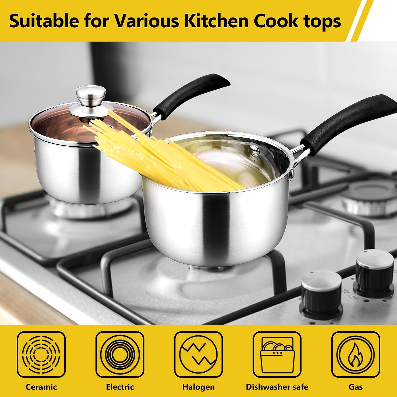 image:imageEfar Stainless Steel Saucepan Set of 3 1 amp 2 amp 3 Quart Sauce Pan with Lid Multipurpose Small Pot for Home Kitchen Restaurant Cooking Dishwasher SafeStainless Steel