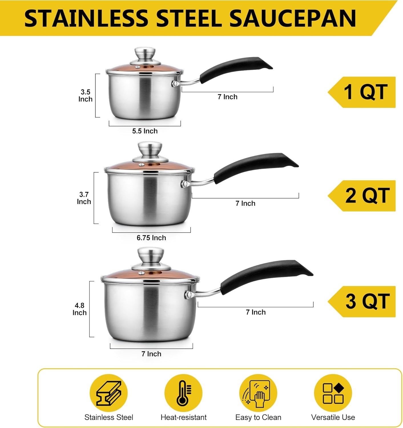 image:imageEfar Stainless Steel Saucepan Set of 3 1 amp 2 amp 3 Quart Sauce Pan with Lid Multipurpose Small Pot for Home Kitchen Restaurant Cooking Dishwasher SafeStainless Steel