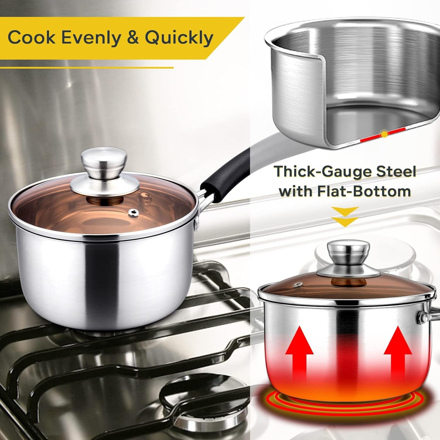 image:imageEfar Stainless Steel Saucepan Set of 3 1 amp 2 amp 3 Quart Sauce Pan with Lid Multipurpose Small Pot for Home Kitchen Restaurant Cooking Dishwasher SafeStainless Steel