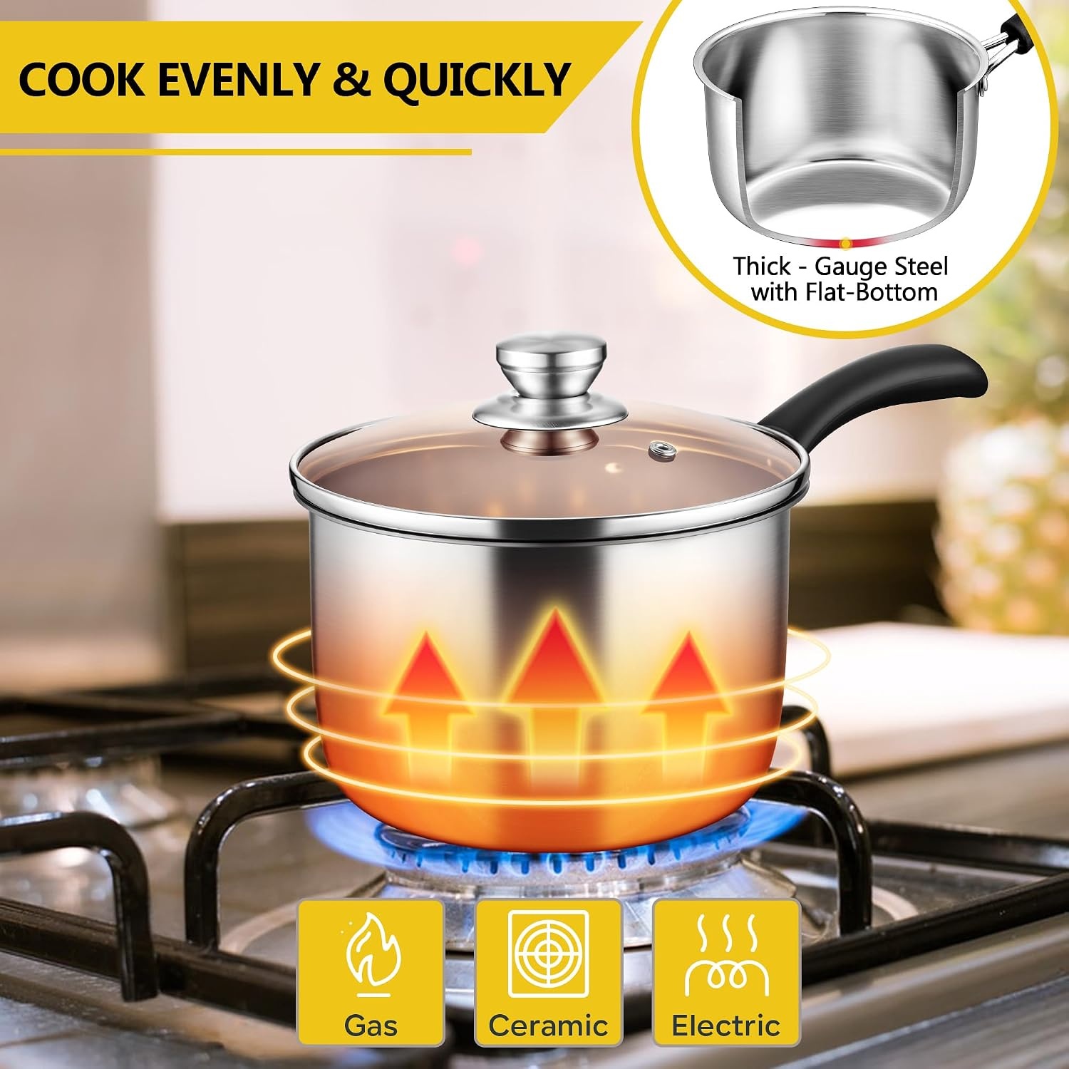 image:imageEfar Stainless Steel Saucepan Set of 3 1 amp 2 amp 3 Quart Sauce Pan with Lid Multipurpose Small Pot for Home Kitchen Restaurant Cooking Dishwasher SafeStainless Steel