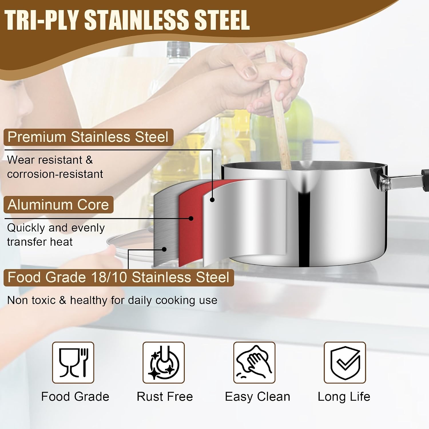 image:imageEfar Stainless Steel Saucepan Set of 3 1 amp 2 amp 3 Quart Sauce Pan with Lid Multipurpose Small Pot for Home Kitchen Restaurant Cooking Dishwasher SafeTriPly
