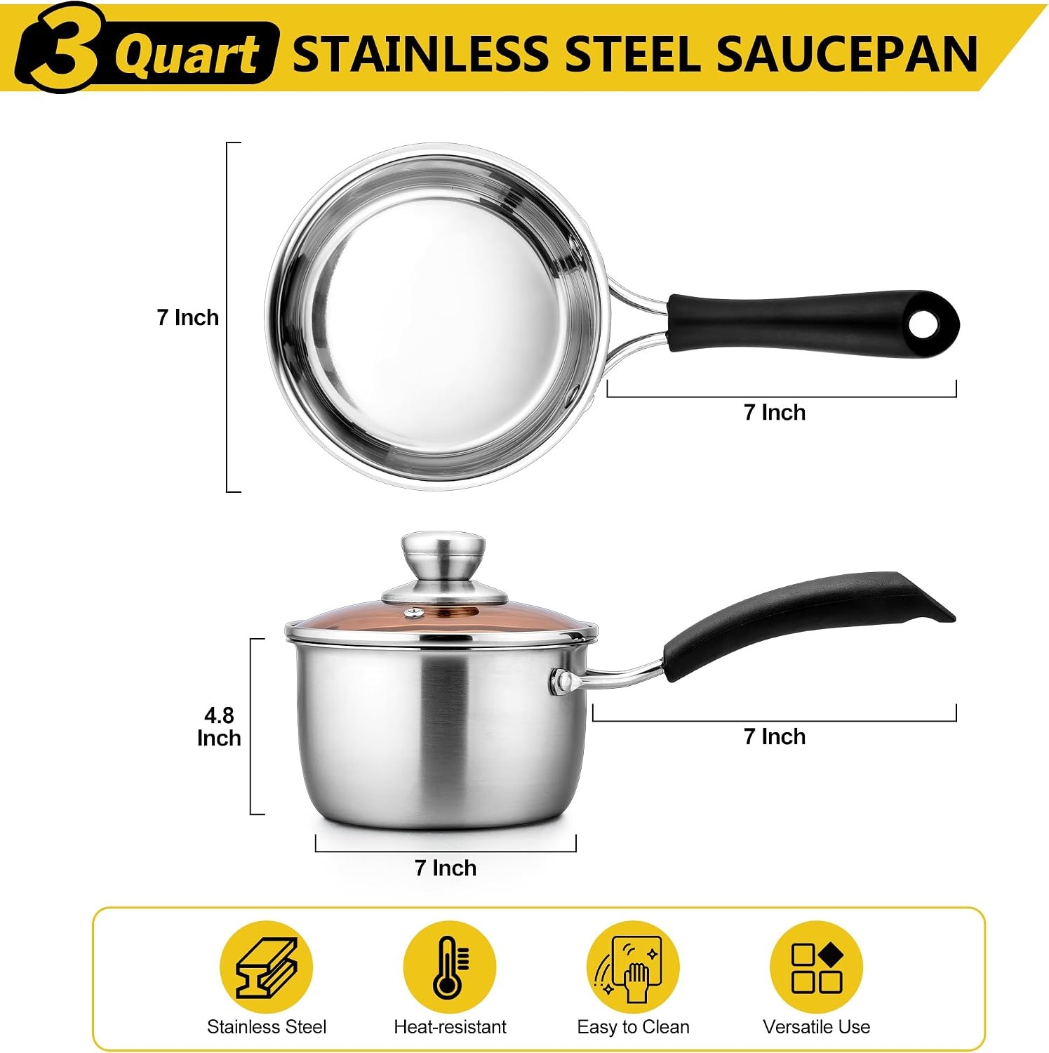 image:imageEfar Stainless Steel Saucepan Set of 3 1 amp 2 amp 3 Quart Sauce Pan with Lid Multipurpose Small Pot for Home Kitchen Restaurant Cooking Dishwasher SafeStainless Steel