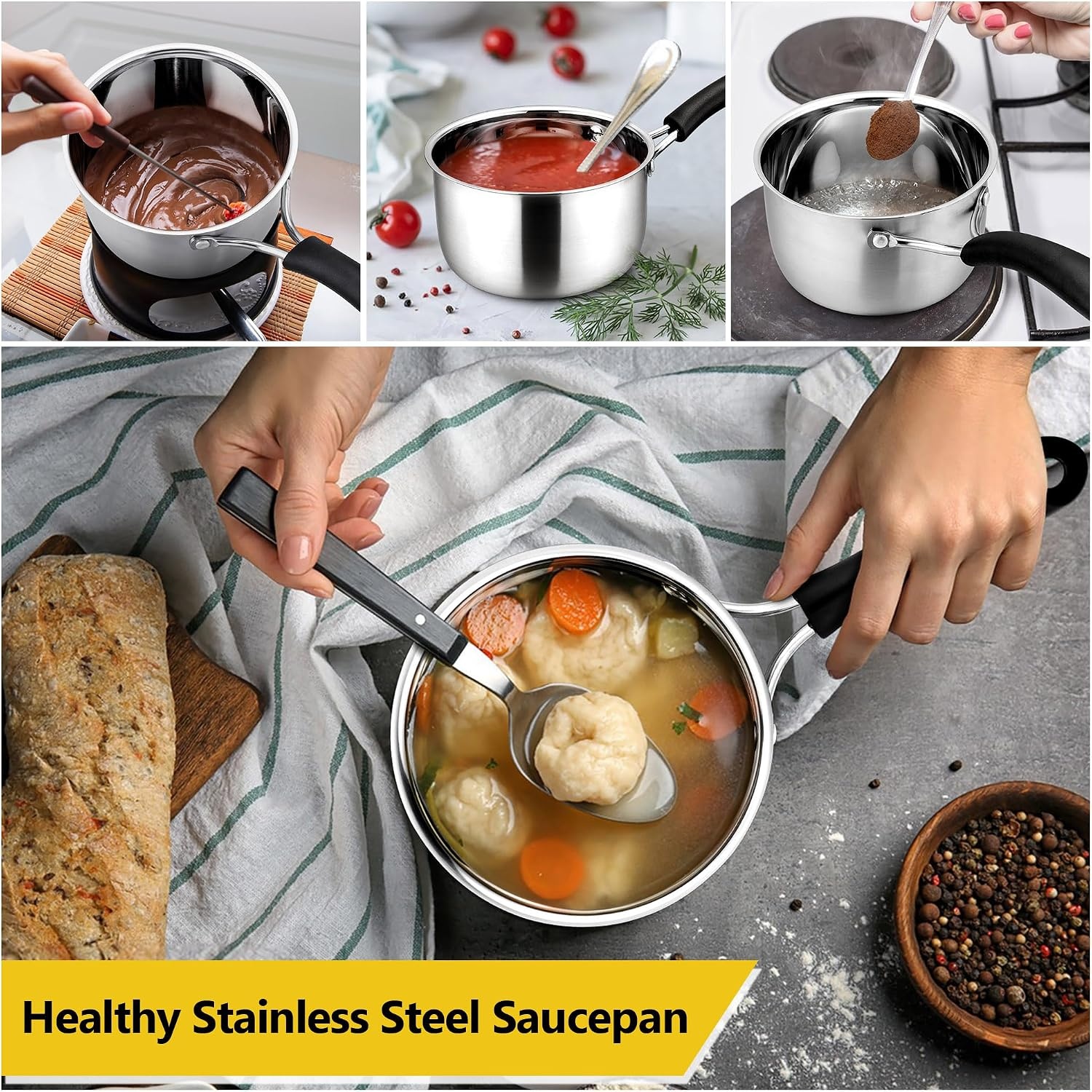 image:imageEfar Stainless Steel Saucepan Set of 3 1 amp 2 amp 3 Quart Sauce Pan with Lid Multipurpose Small Pot for Home Kitchen Restaurant Cooking Dishwasher SafeStainless Steel