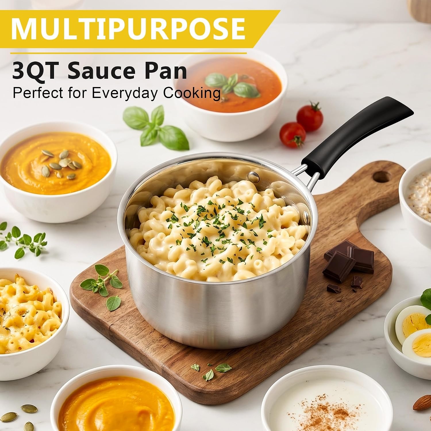 image:imageEfar Stainless Steel Saucepan Set of 3 1 amp 2 amp 3 Quart Sauce Pan with Lid Multipurpose Small Pot for Home Kitchen Restaurant Cooking Dishwasher SafeStainless Steel