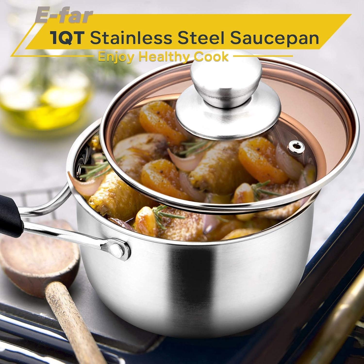 image:imageEfar Stainless Steel Saucepan Set of 3 1 amp 2 amp 3 Quart Sauce Pan with Lid Multipurpose Small Pot for Home Kitchen Restaurant Cooking Dishwasher SafeStainless Steel