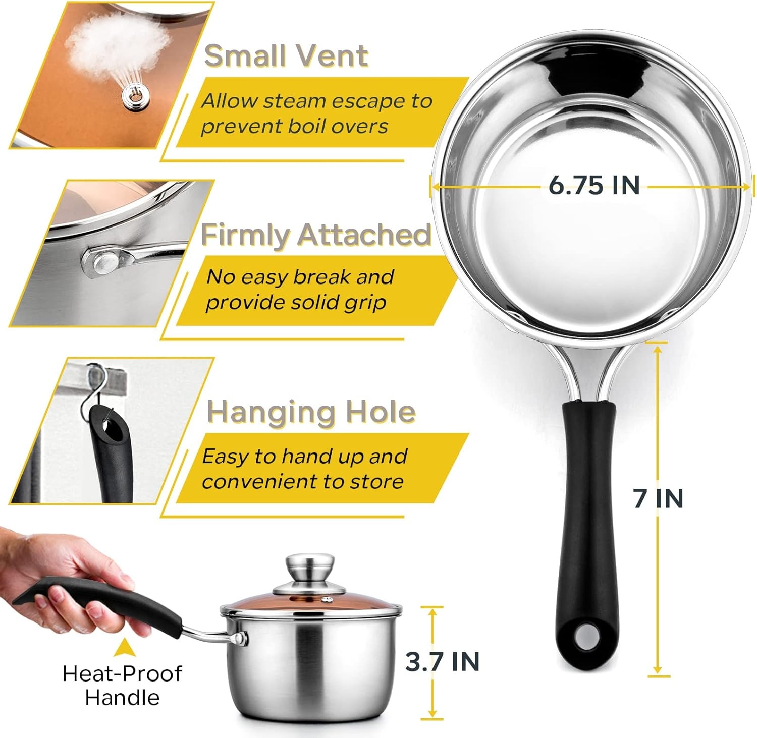 image:imageEfar Stainless Steel Saucepan Set of 3 1 amp 2 amp 3 Quart Sauce Pan with Lid Multipurpose Small Pot for Home Kitchen Restaurant Cooking Dishwasher SafeStainless Steel