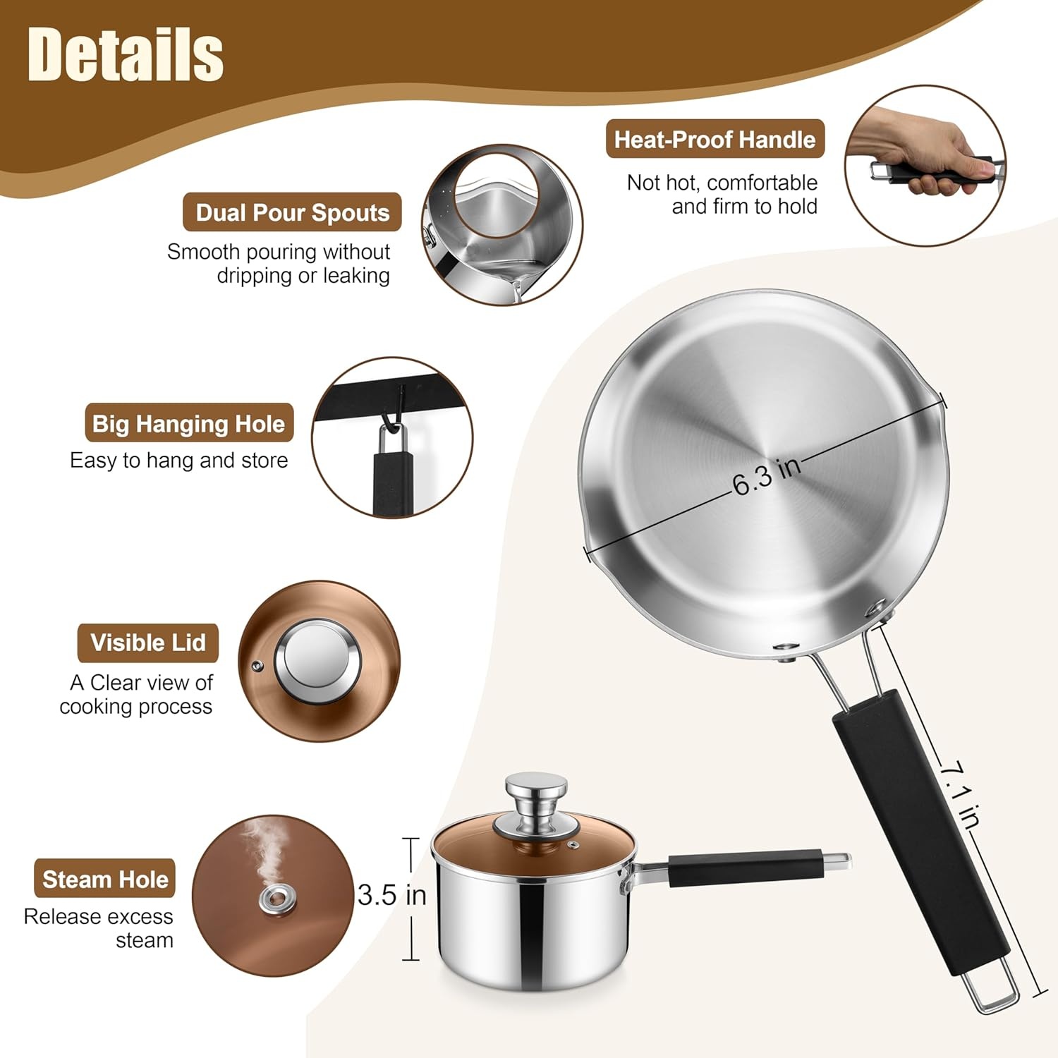 image:imageEfar Stainless Steel Saucepan Set of 3 1 amp 2 amp 3 Quart Sauce Pan with Lid Multipurpose Small Pot for Home Kitchen Restaurant Cooking Dishwasher SafeTriPly