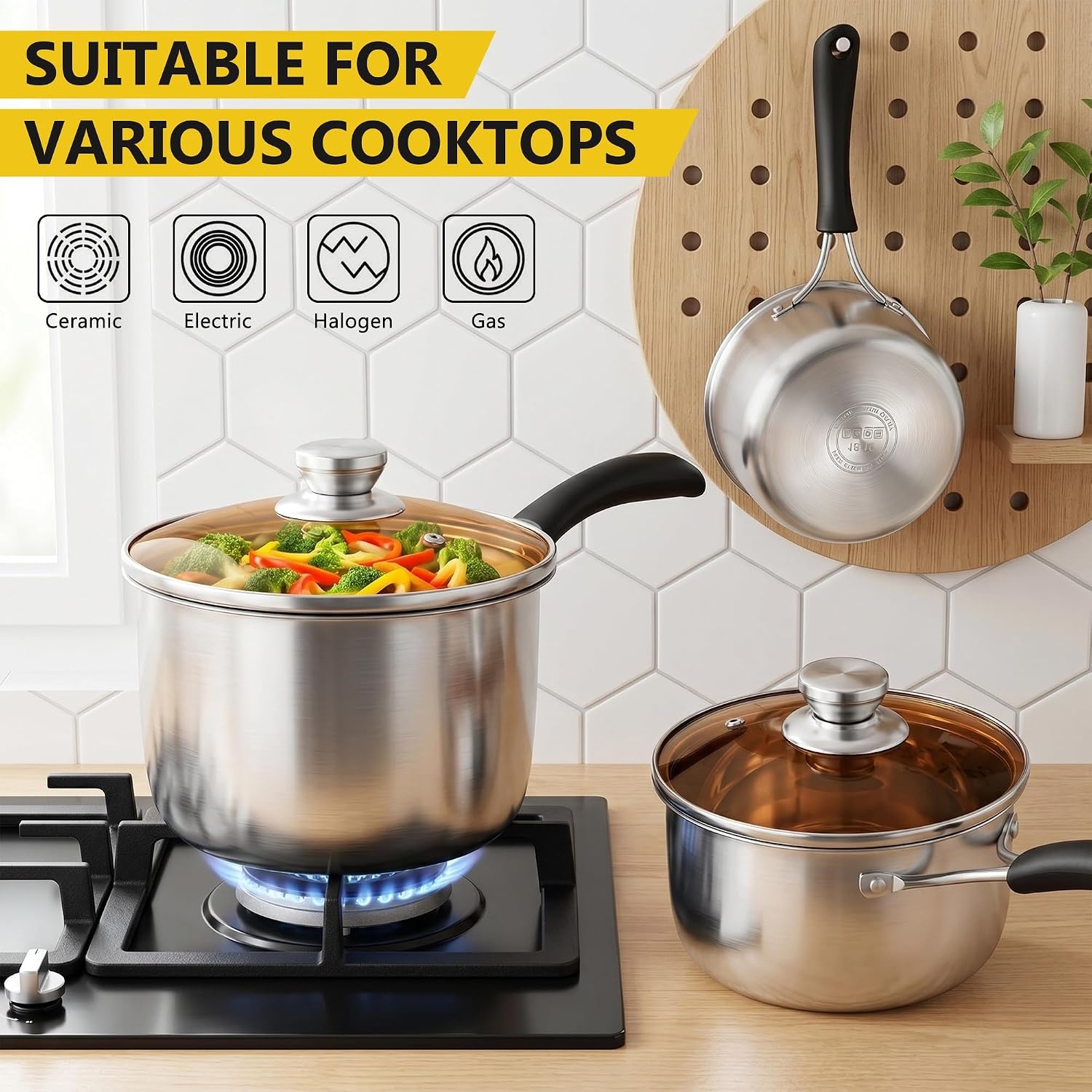 image:imageEfar Stainless Steel Saucepan Set of 3 1 amp 2 amp 3 Quart Sauce Pan with Lid Multipurpose Small Pot for Home Kitchen Restaurant Cooking Dishwasher SafeStainless Steel