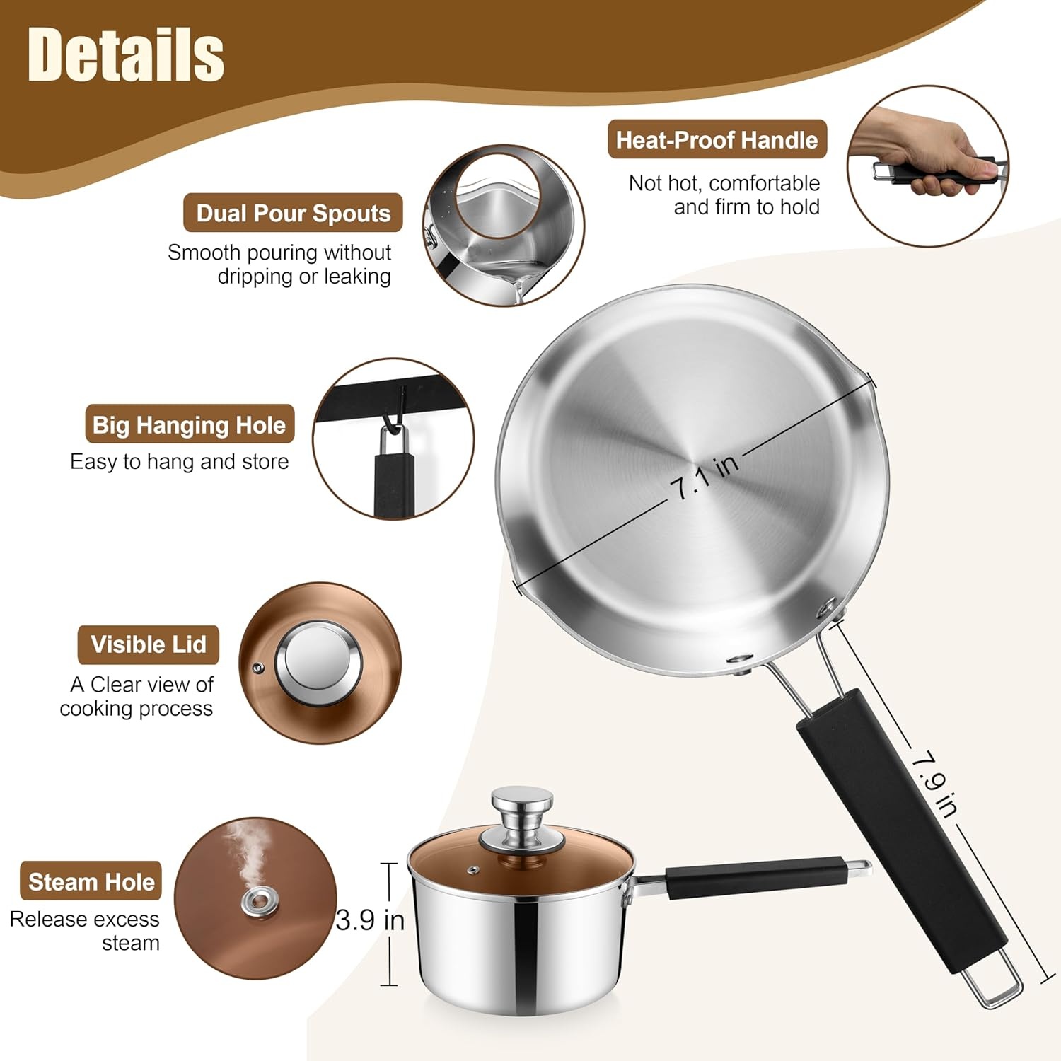 image:imageEfar Stainless Steel Saucepan Set of 3 1 amp 2 amp 3 Quart Sauce Pan with Lid Multipurpose Small Pot for Home Kitchen Restaurant Cooking Dishwasher SafeTriPly