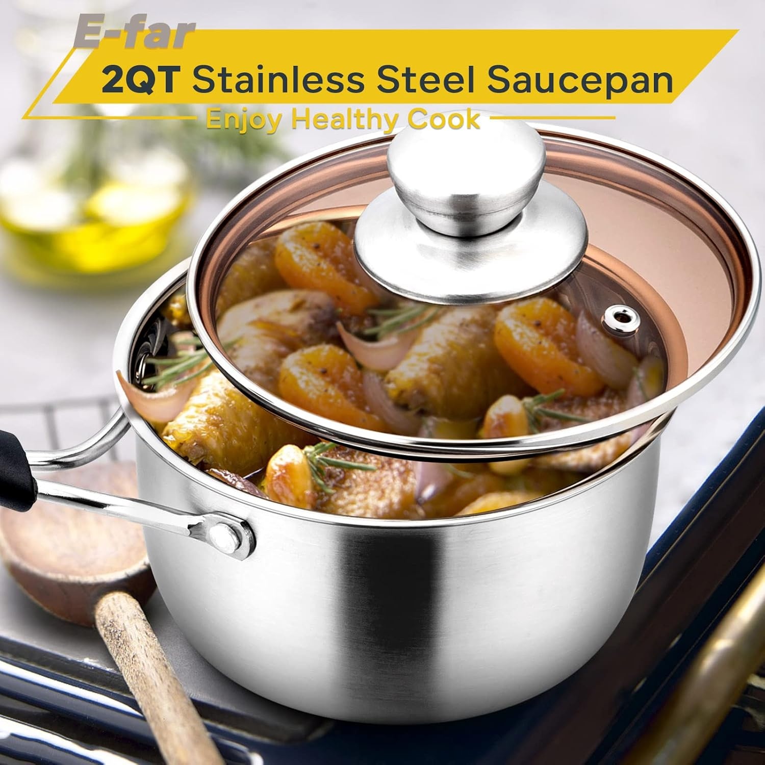 image:imageEfar Stainless Steel Saucepan Set of 3 1 amp 2 amp 3 Quart Sauce Pan with Lid Multipurpose Small Pot for Home Kitchen Restaurant Cooking Dishwasher SafeStainless Steel