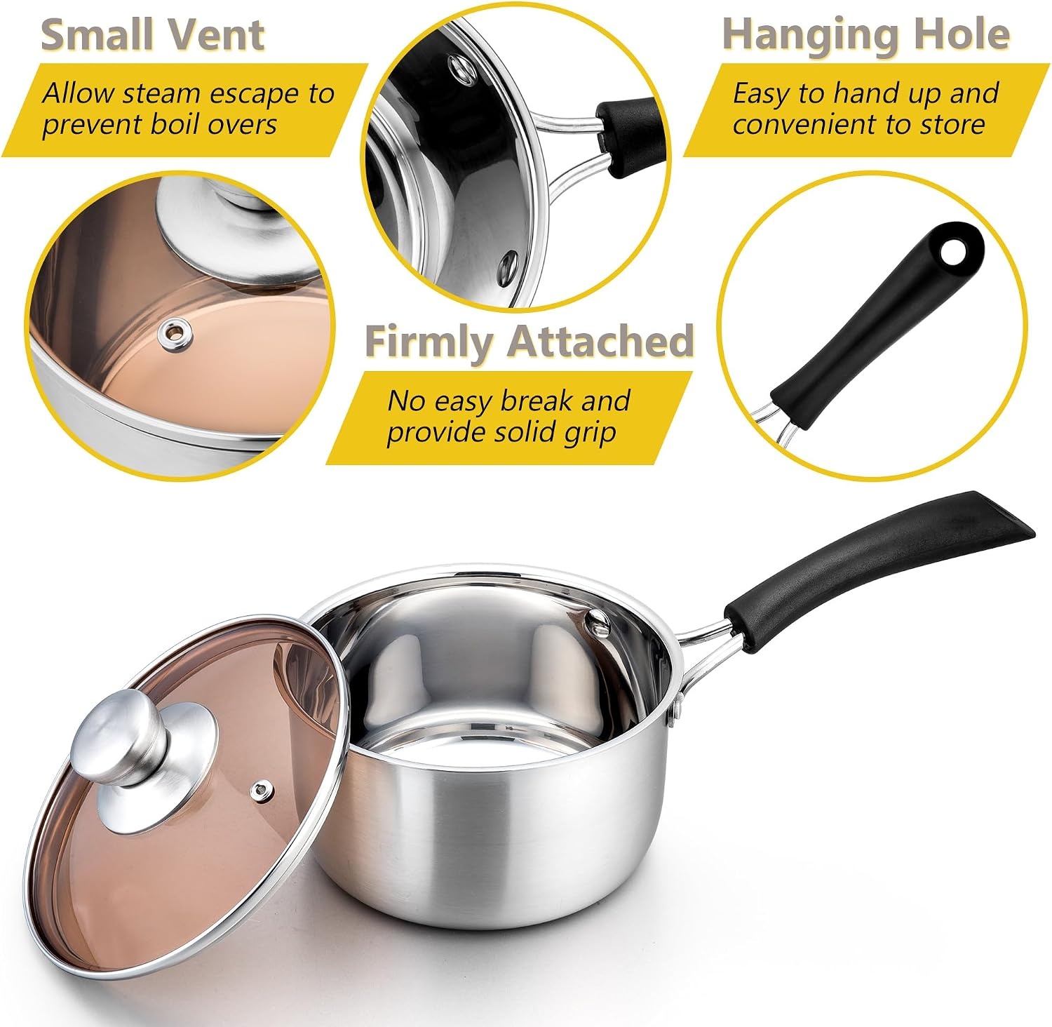 image:imageEfar Stainless Steel Saucepan Set of 3 1 amp 2 amp 3 Quart Sauce Pan with Lid Multipurpose Small Pot for Home Kitchen Restaurant Cooking Dishwasher SafeStainless Steel