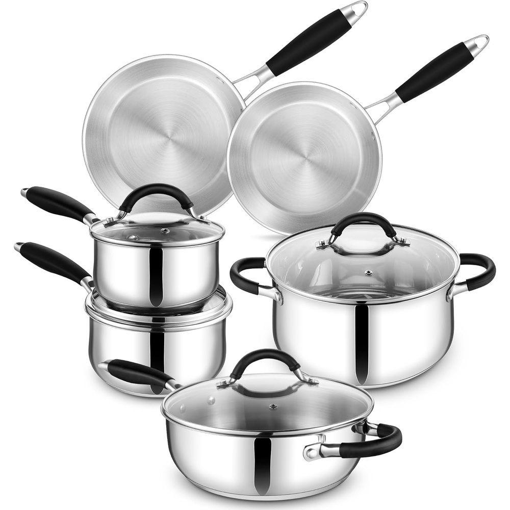 image:imageEfar Stainless Steel Cookware Set Induction TriPly Base Pots and Pans 10Piece NonToxic Kitchen Cooking Set wStayCool Handle Frying Pans Saucepans Stockpot with lid Oven amp Dishwasher Safe