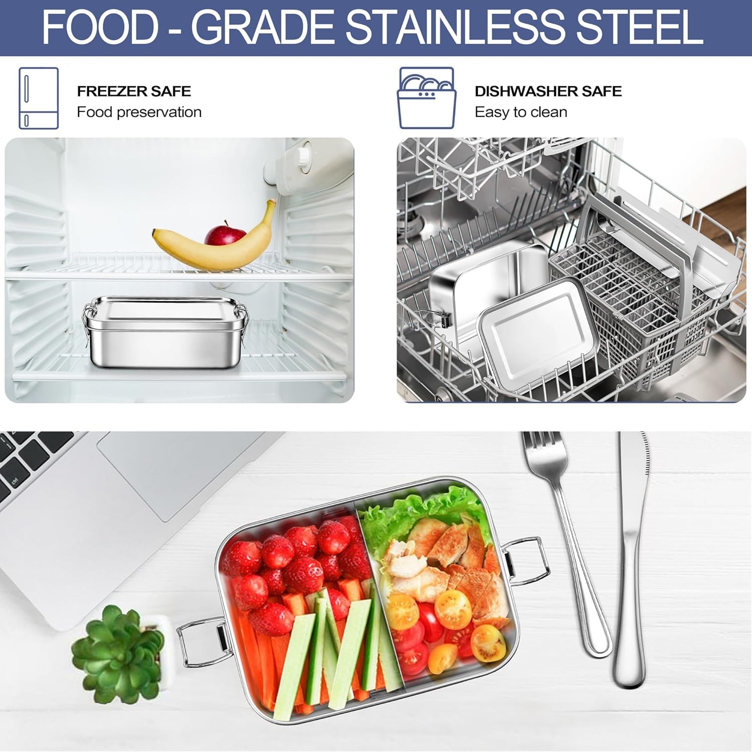 image:imageEfar 4 Pieces Stainless Steel Bento Box Medium 850ml Metal Lunch Box 28oz LeakProof Food Snack Container with Lids and 2 Removable Dividers Reusable Meal Storage for Camping Picnic Travel Work1