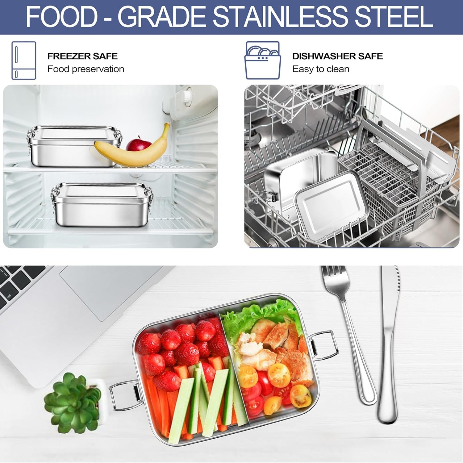 image:imageEfar 4 Pieces Stainless Steel Bento Box Medium 850ml Metal Lunch Box 28oz LeakProof Food Snack Container with Lids and 2 Removable Dividers Reusable Meal Storage for Camping Picnic Travel Work2