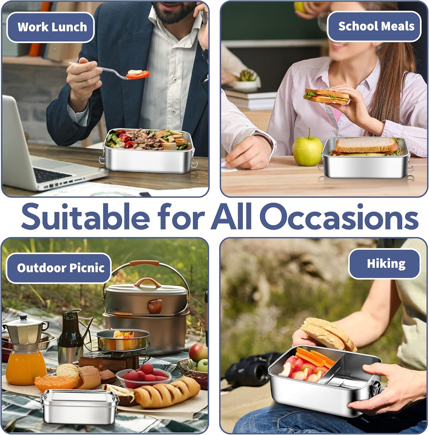 image:imageEfar 4 Pieces Stainless Steel Bento Box Medium 850ml Metal Lunch Box 28oz LeakProof Food Snack Container with Lids and 2 Removable Dividers Reusable Meal Storage for Camping Picnic Travel Work1