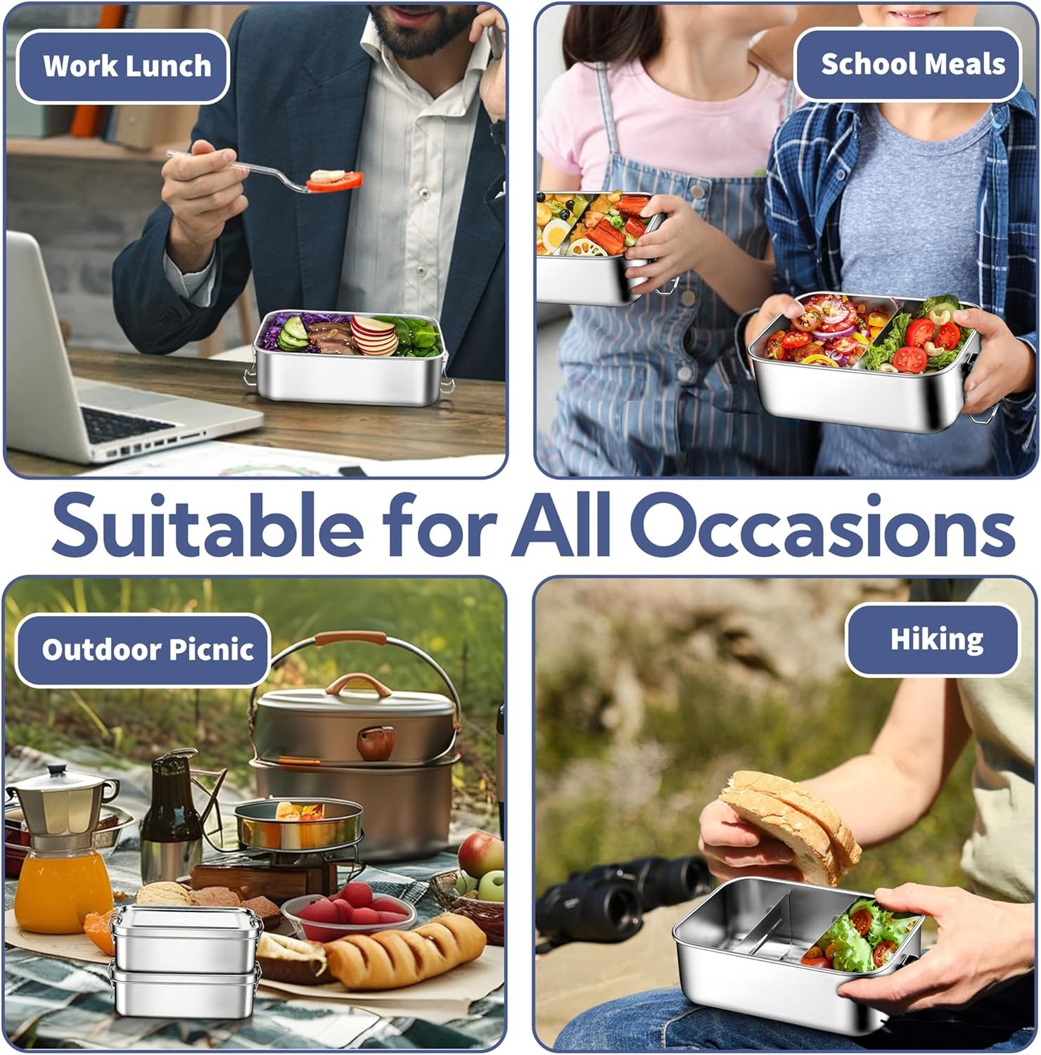 image:imageEfar 4 Pieces Stainless Steel Bento Box Medium 850ml Metal Lunch Box 28oz LeakProof Food Snack Container with Lids and 2 Removable Dividers Reusable Meal Storage for Camping Picnic Travel Work2