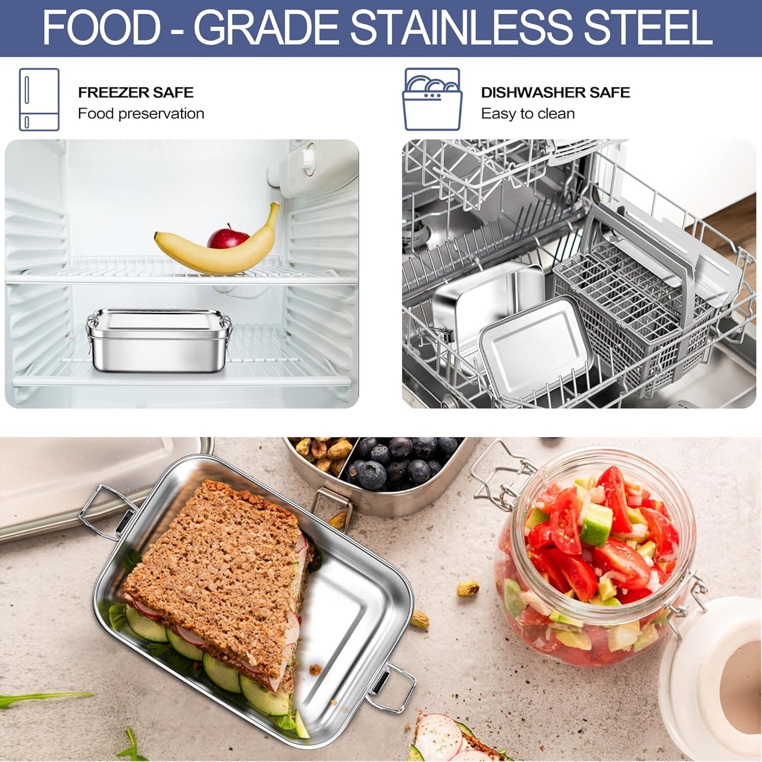 image:imageEfar 4 Pieces Stainless Steel Bento Box Medium 850ml Metal Lunch Box 28oz LeakProof Food Snack Container with Lids and 2 Removable Dividers Reusable Meal Storage for Camping Picnic Travel Work1