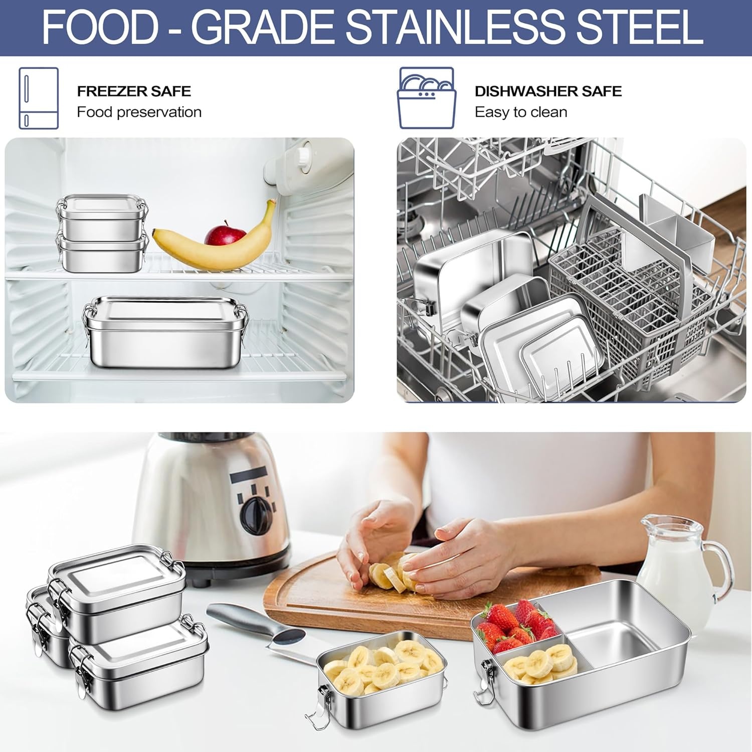 image:imageEfar 4 Pieces Stainless Steel Bento Box Medium 850ml Metal Lunch Box 28oz LeakProof Food Snack Container with Lids and 2 Removable Dividers Reusable Meal Storage for Camping Picnic Travel Work2
