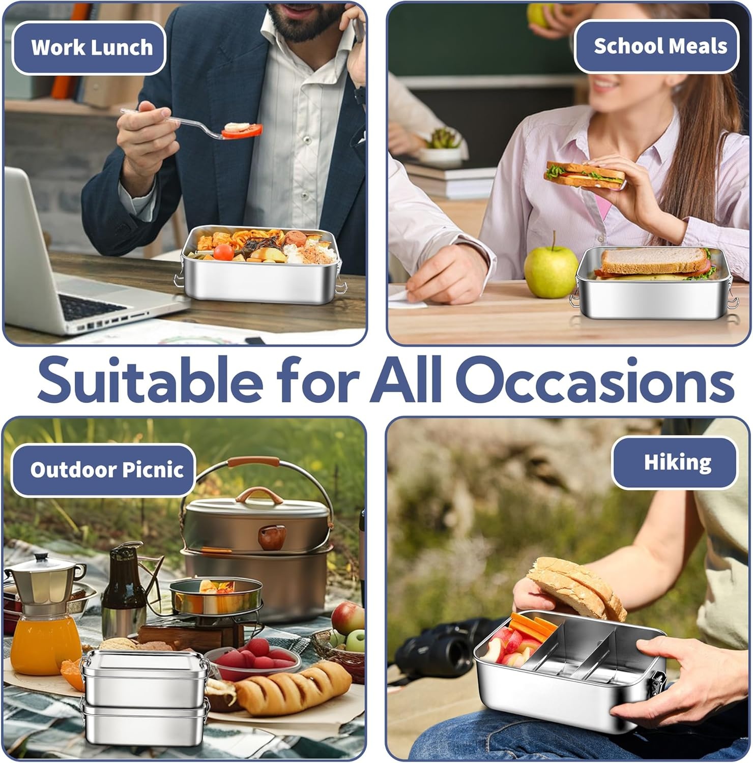 image:imageEfar 4 Pieces Stainless Steel Bento Box Medium 850ml Metal Lunch Box 28oz LeakProof Food Snack Container with Lids and 2 Removable Dividers Reusable Meal Storage for Camping Picnic Travel Work2
