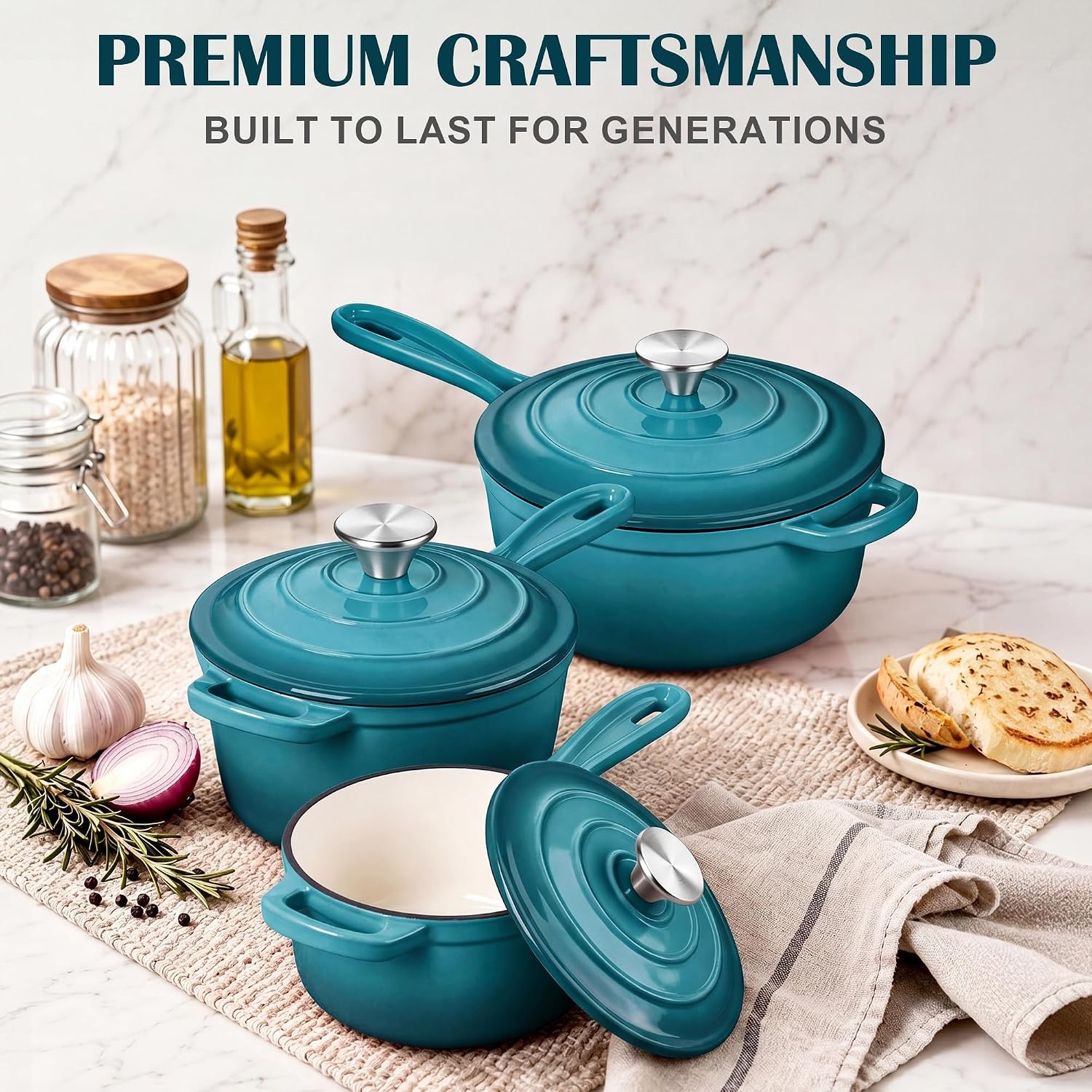 image:imageEfar 1Qt amp 2Qt amp 3Qt Sauce Pan Set with Selfbasting Lids GreenPeacock Green