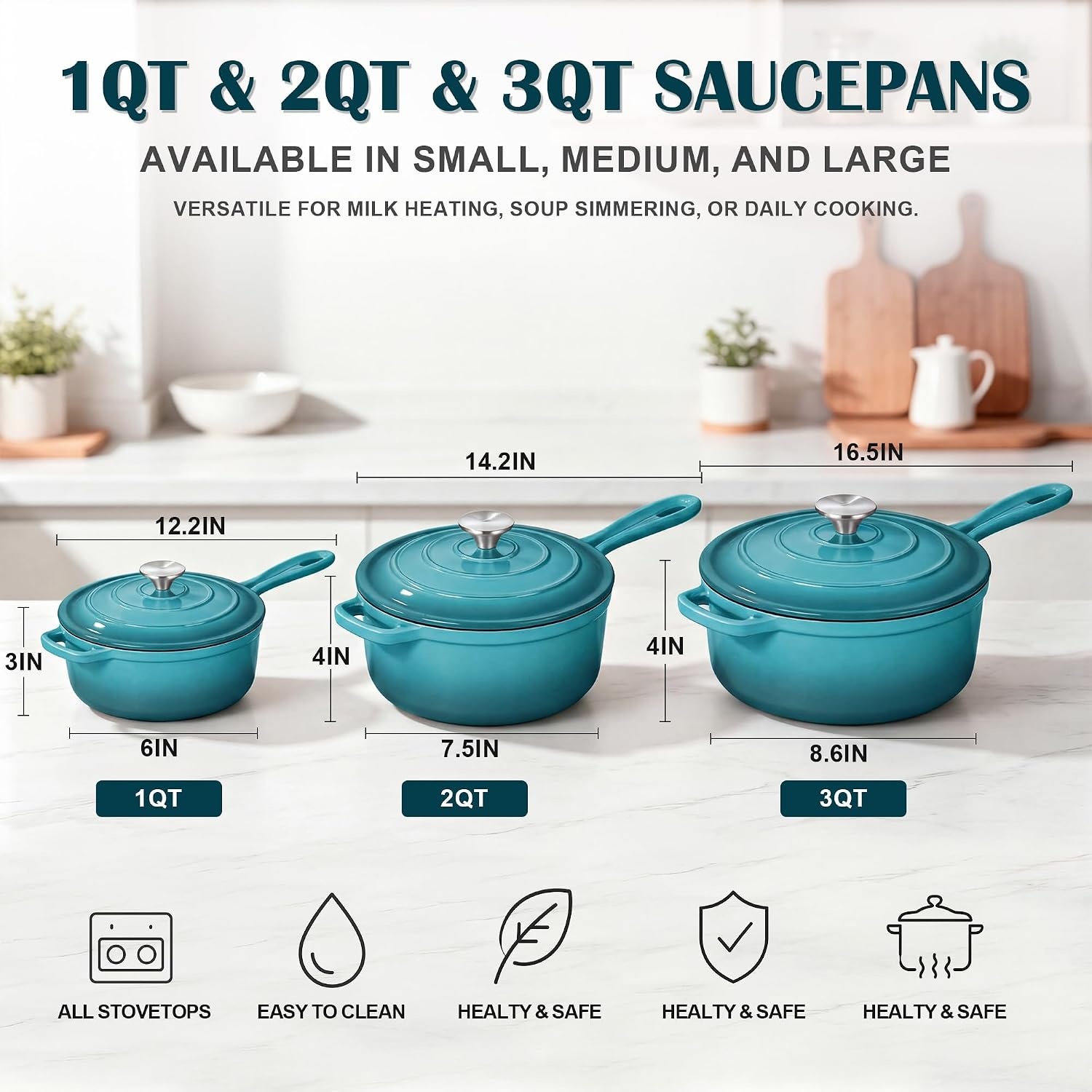 image:imageEfar 1Qt amp 2Qt amp 3Qt Sauce Pan Set with Selfbasting Lids GreenPeacock Green