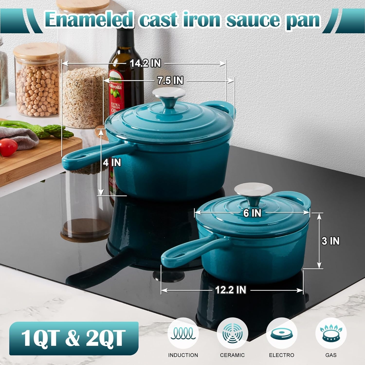 image:imageEfar 1Qt amp 2Qt amp 3Qt Sauce Pan Set with Selfbasting Lids GreenPeacock Green