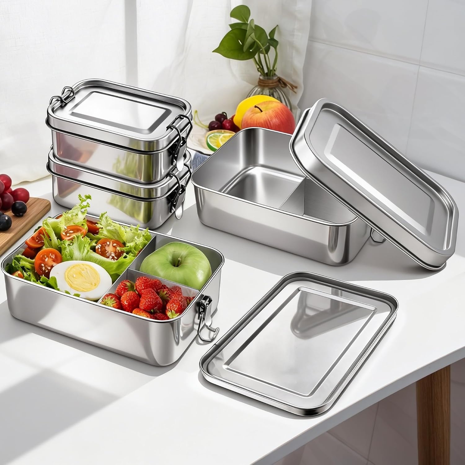 image:imageEfar 2 Pieces Stainless Steel Bento Box Large 2400ml Metal Lunch Box 81oz LeakProof Lunch Food Container with Lids and Divider Reusable Meal Storage for Camping Picnic Travel Work4