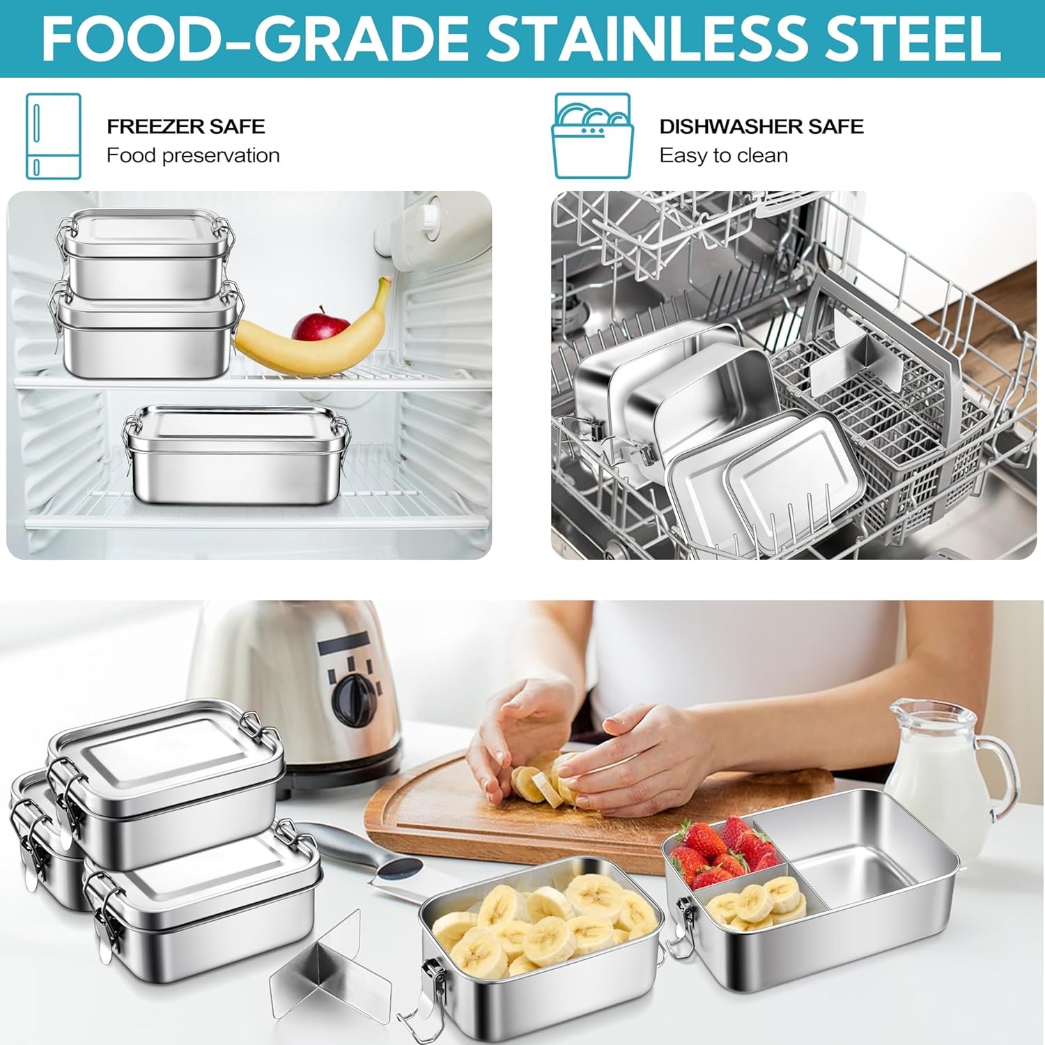 image:imageEfar 2 Pieces Stainless Steel Bento Box Large 2400ml Metal Lunch Box 81oz LeakProof Lunch Food Container with Lids and Divider Reusable Meal Storage for Camping Picnic Travel Work1
