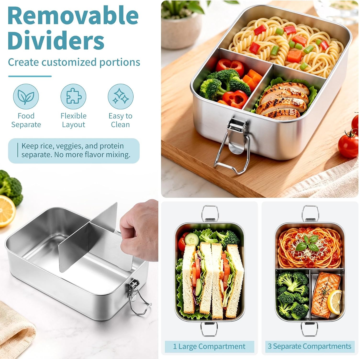 image:imageEfar Stainless Steel Bento Box for Kids amp Adults 47oz1400ml Leakproof Lunch Box with 3 Compartments amp Dressing Container Removable Dividers amp Lockable Clips for LunchWork Dishwasher SafeBlueBlue