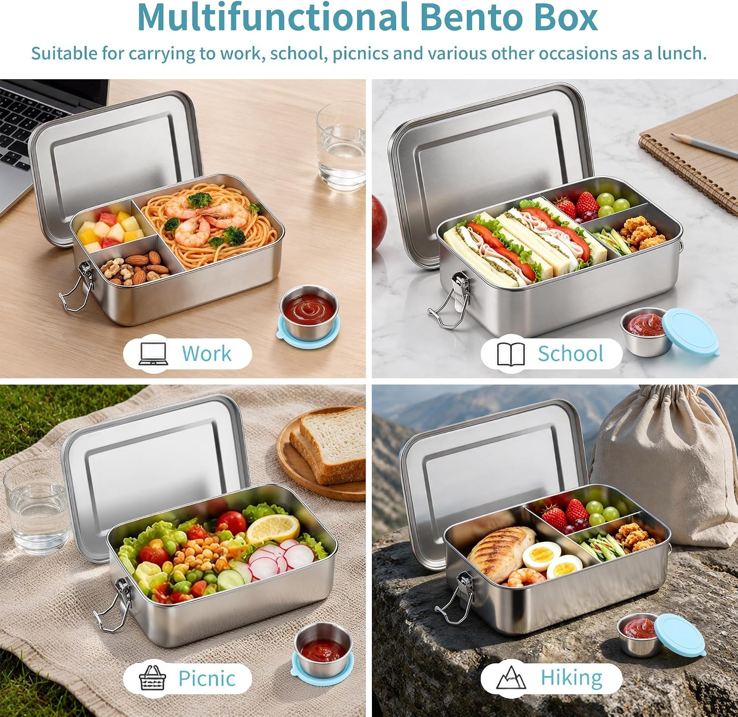 image:imageEfar Stainless Steel Bento Box for Kids amp Adults 47oz1400ml Leakproof Lunch Box with 3 Compartments amp Dressing Container Removable Dividers amp Lockable Clips for LunchWork Dishwasher SafeBlueBlue