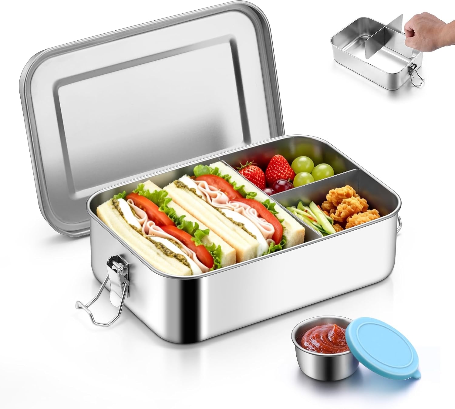 image:imageEfar Stainless Steel Bento Box for Kids amp Adults 47oz1400ml Leakproof Lunch Box with 3 Compartments amp Dressing Container Removable Dividers amp Lockable Clips for LunchWork Dishwasher SafeBlueBlue