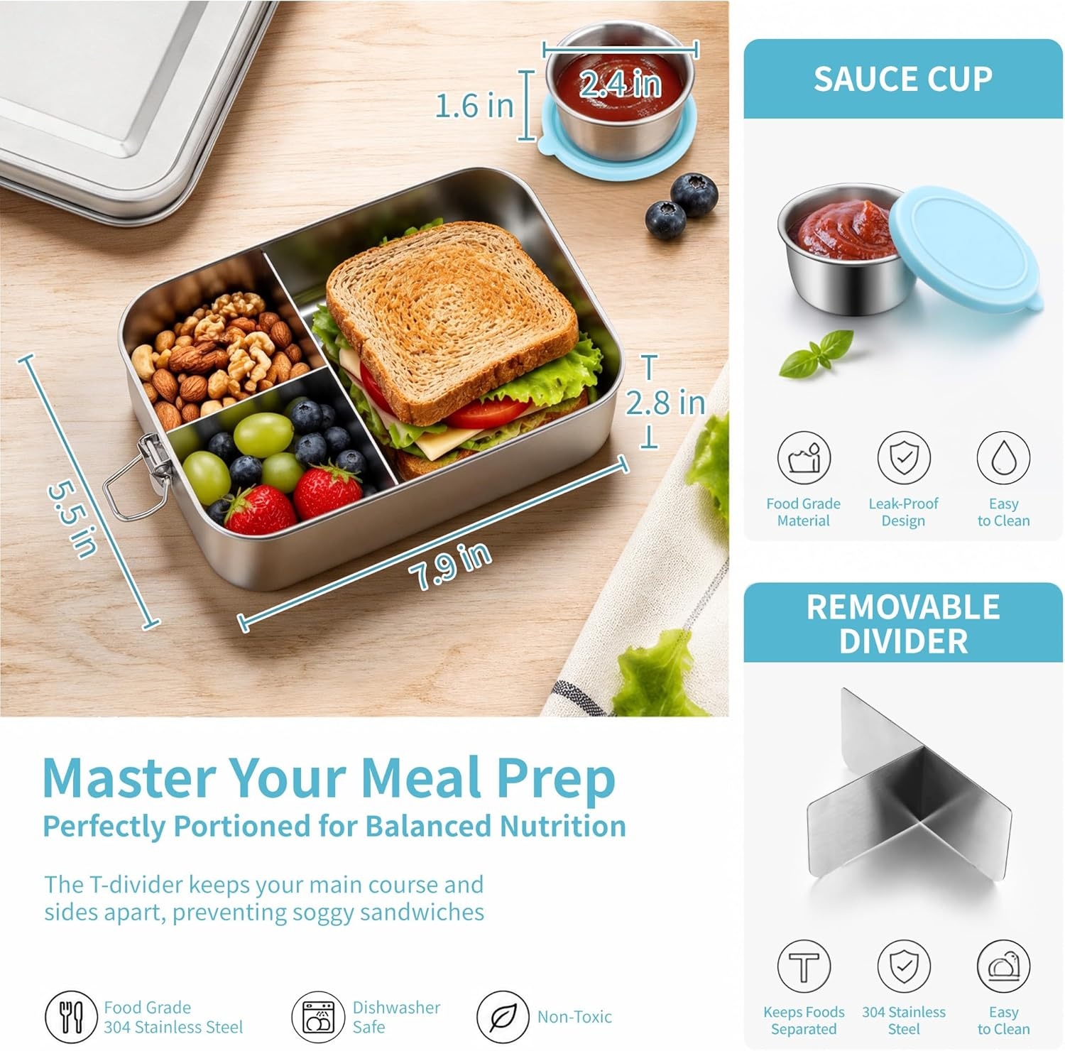 image:imageEfar Stainless Steel Bento Box for Kids amp Adults 47oz1400ml Leakproof Lunch Box with 3 Compartments amp Dressing Container Removable Dividers amp Lockable Clips for LunchWork Dishwasher SafeBlueBlue