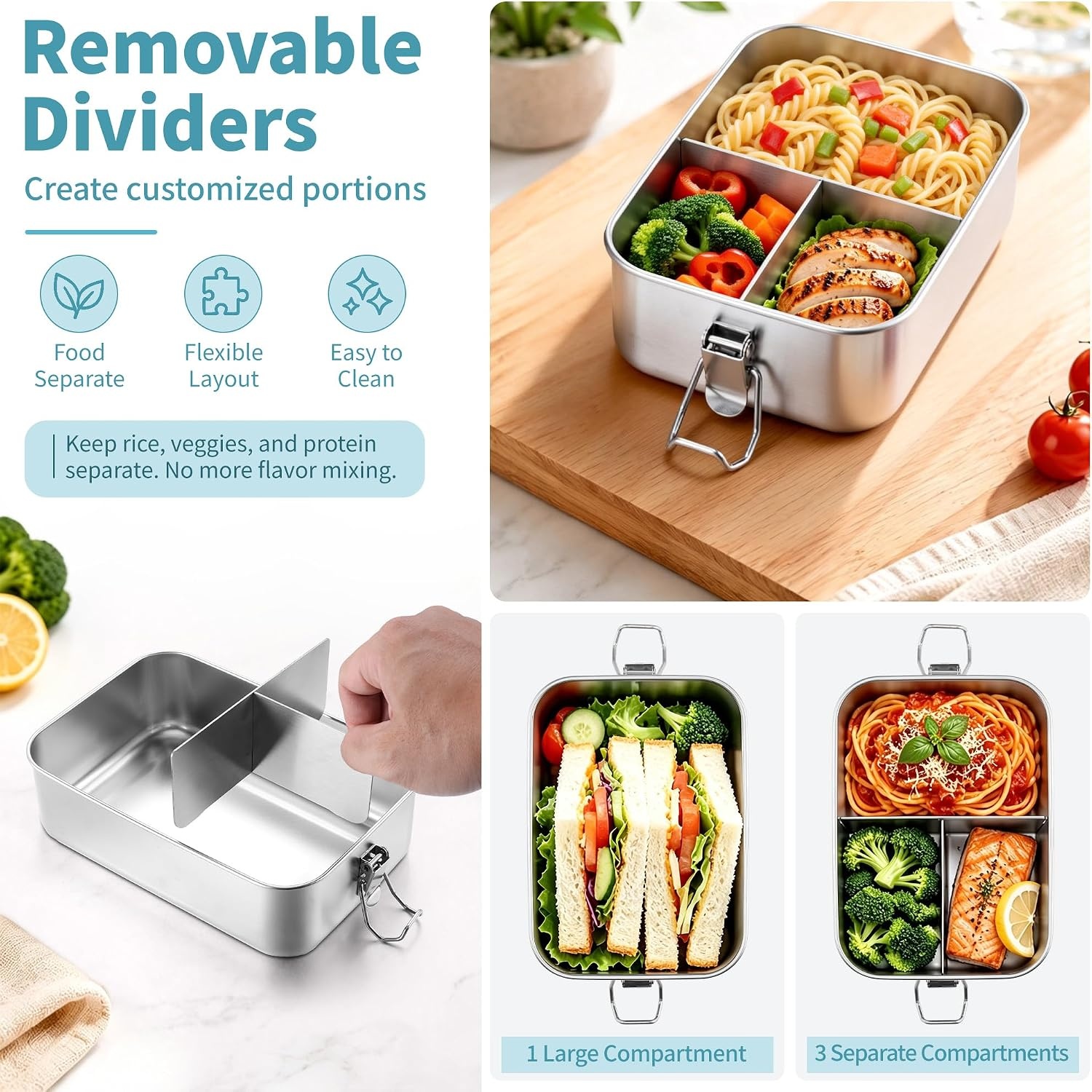 image:imageEfar Stainless Steel Bento Box for Kids amp Adults 47oz1400ml Leakproof Lunch Box with 3 Compartments amp Dressing Container Removable Dividers amp Lockable Clips for LunchWork Dishwasher SafeBlueBlue