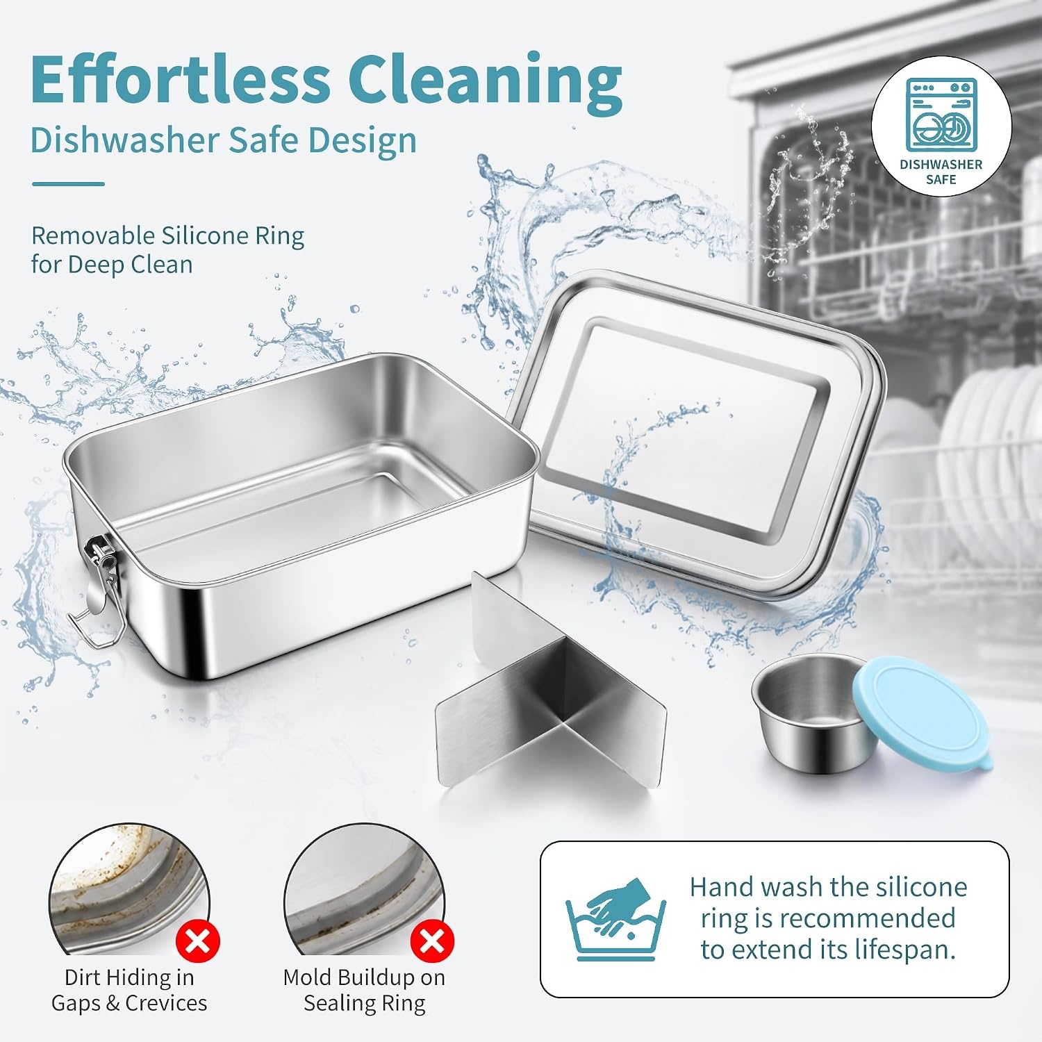 image:imageEfar Stainless Steel Bento Box for Kids amp Adults 47oz1400ml Leakproof Lunch Box with 3 Compartments amp Dressing Container Removable Dividers amp Lockable Clips for LunchWork Dishwasher SafeBlueBlue