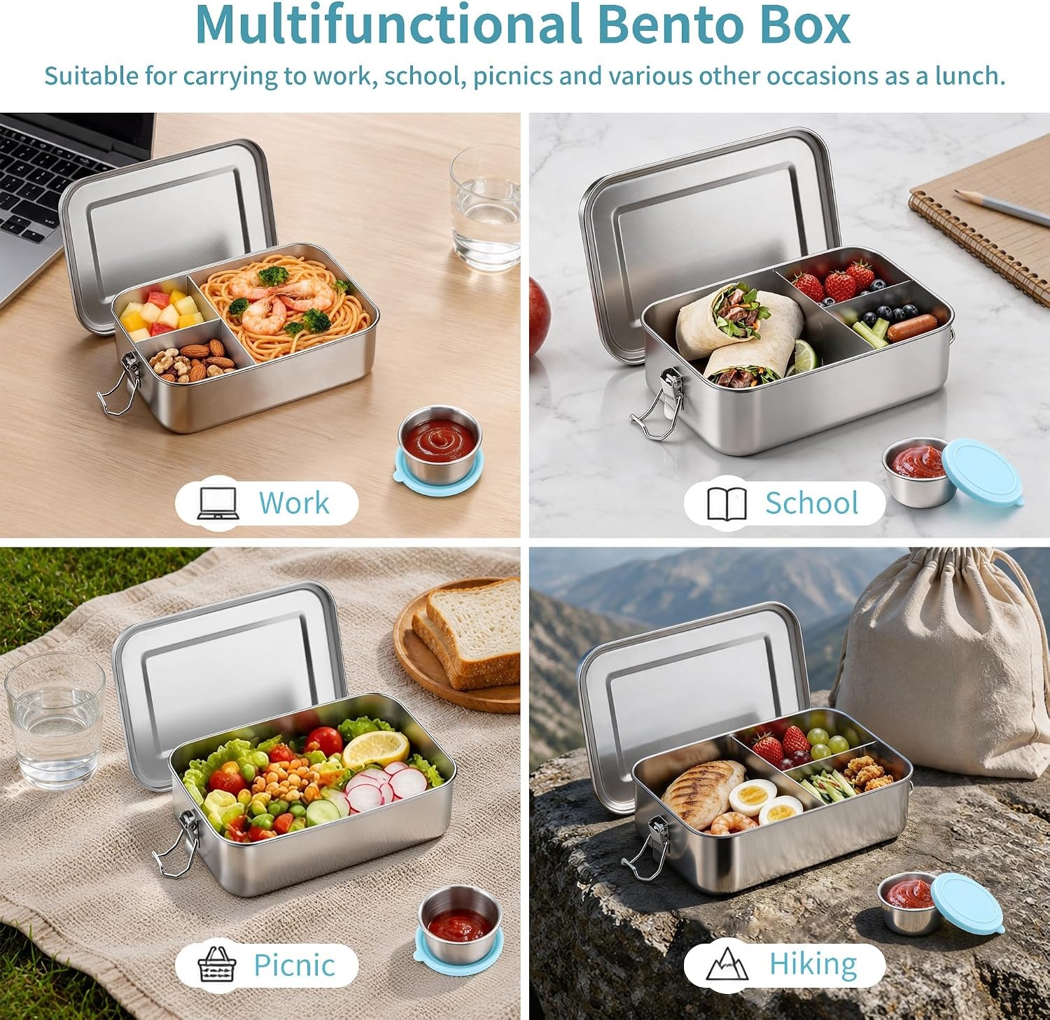 image:imageEfar Stainless Steel Bento Box for Kids amp Adults 47oz1400ml Leakproof Lunch Box with 3 Compartments amp Dressing Container Removable Dividers amp Lockable Clips for LunchWork Dishwasher SafeBlueBlue