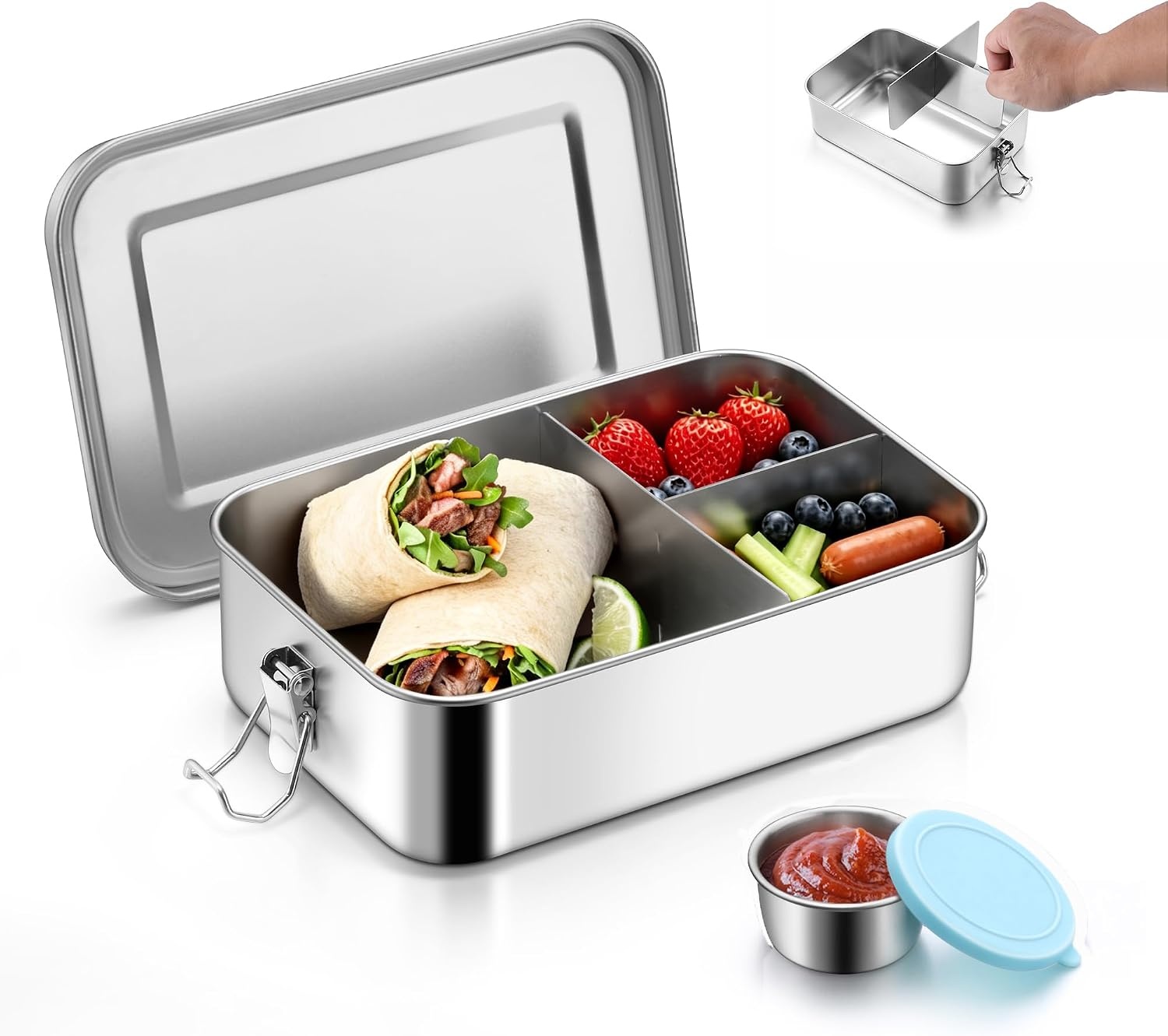 image:imageEfar Stainless Steel Bento Box for Kids amp Adults 47oz1400ml Leakproof Lunch Box with 3 Compartments amp Dressing Container Removable Dividers amp Lockable Clips for LunchWork Dishwasher SafeBlueBlue