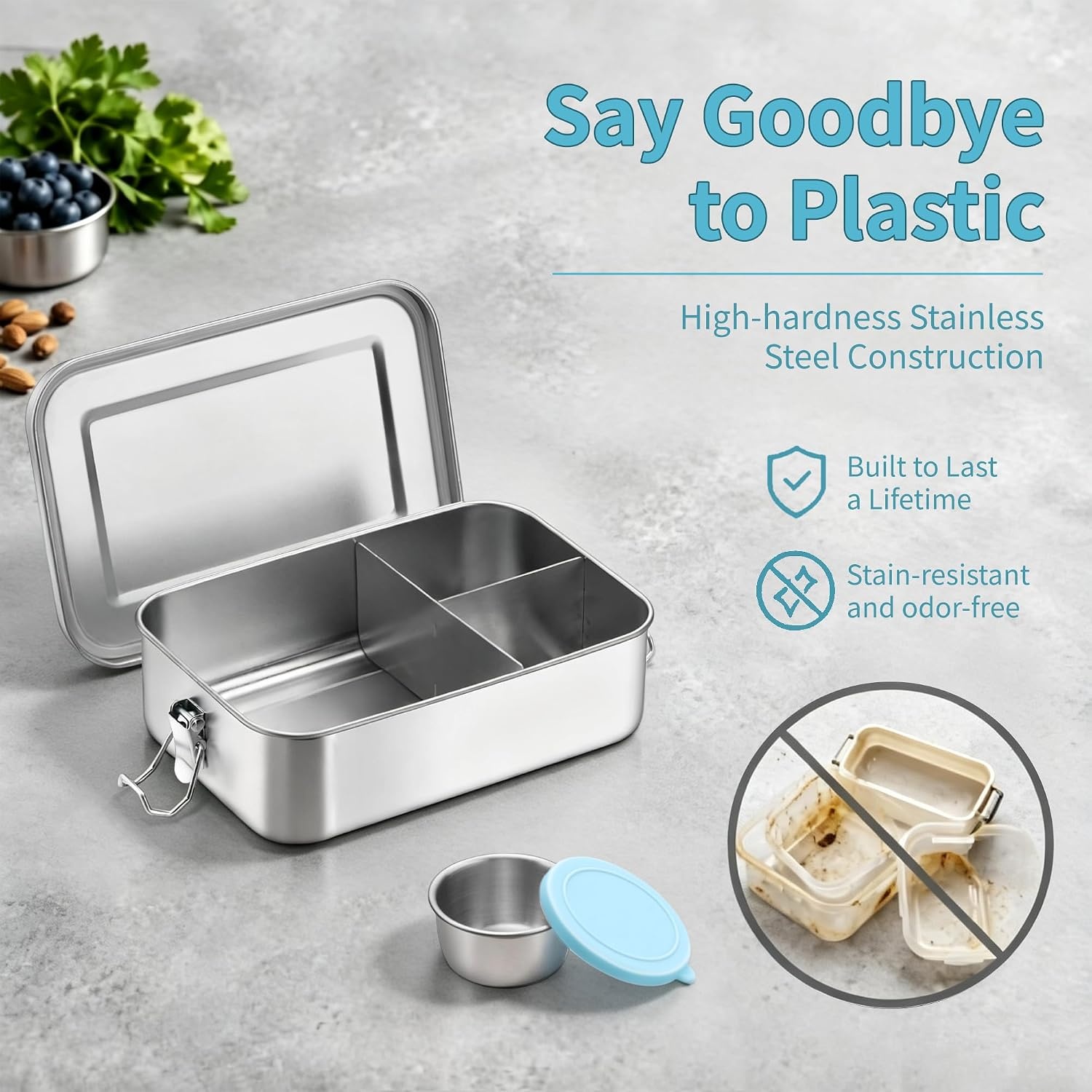 image:imageEfar Stainless Steel Bento Box for Kids amp Adults 47oz1400ml Leakproof Lunch Box with 3 Compartments amp Dressing Container Removable Dividers amp Lockable Clips for LunchWork Dishwasher SafeBlueBlue