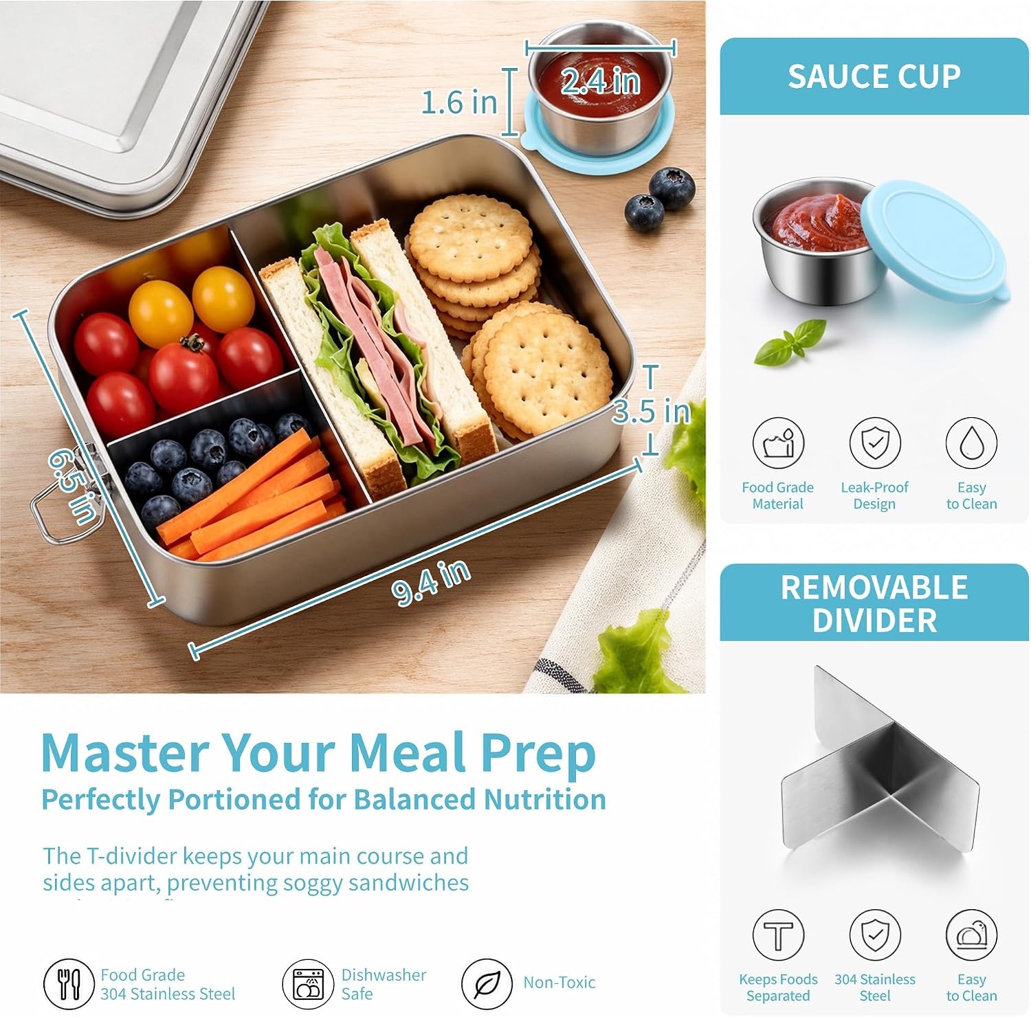 image:imageEfar Stainless Steel Bento Box for Kids amp Adults 47oz1400ml Leakproof Lunch Box with 3 Compartments amp Dressing Container Removable Dividers amp Lockable Clips for LunchWork Dishwasher SafeBlueBlue