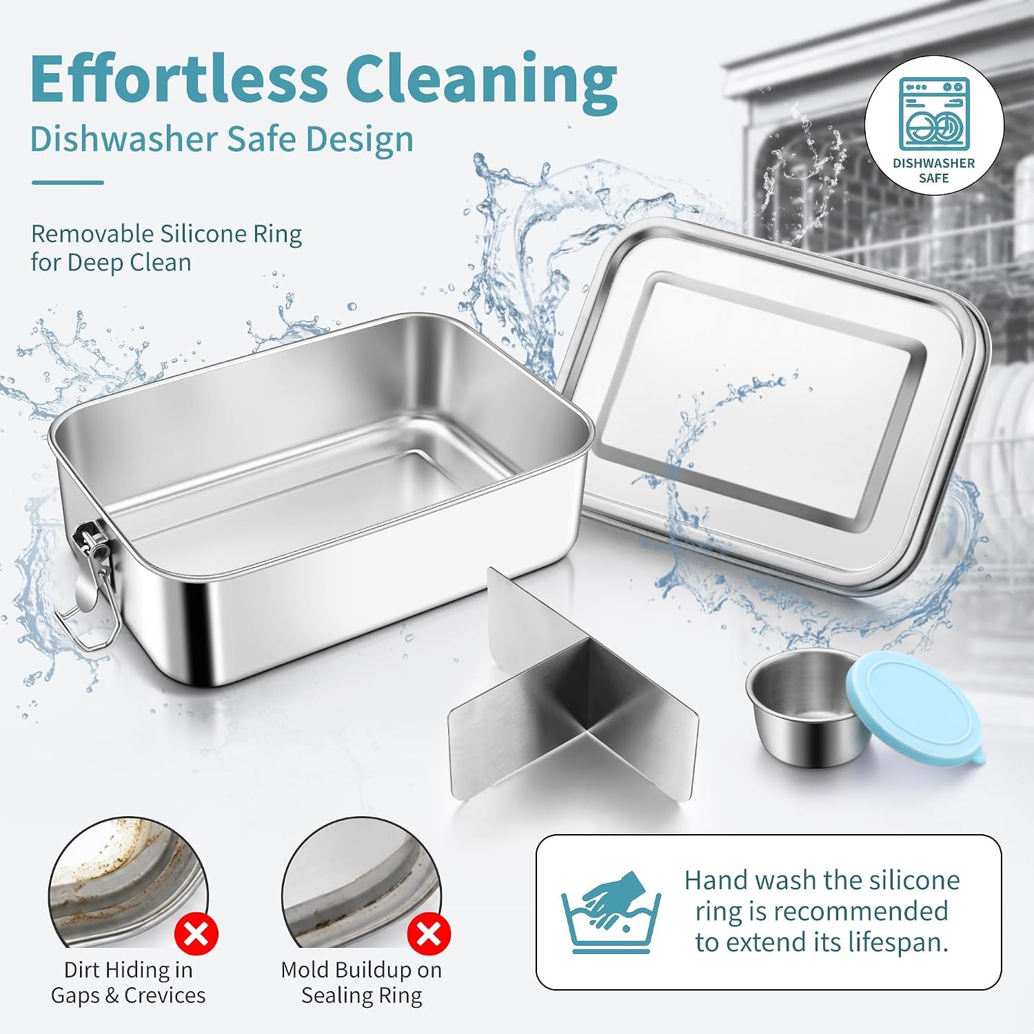 image:imageEfar Stainless Steel Bento Box for Kids amp Adults 47oz1400ml Leakproof Lunch Box with 3 Compartments amp Dressing Container Removable Dividers amp Lockable Clips for LunchWork Dishwasher SafeBlueBlue