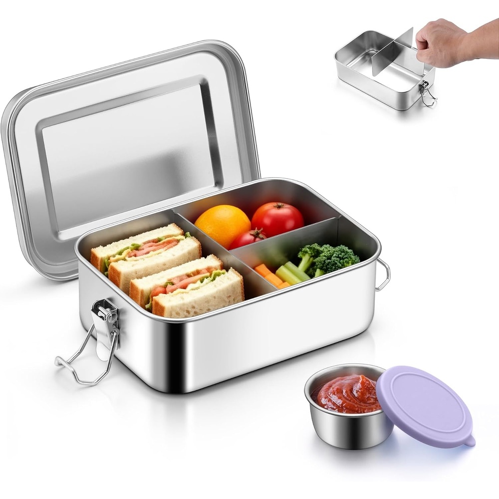 image:imageEfar Stainless Steel Bento Box for Kids amp Adults 47oz1400ml Leakproof Lunch Box with 3 Compartments amp Dressing Container Removable Dividers amp Lockable Clips for LunchWork Dishwasher SafeBluePurple