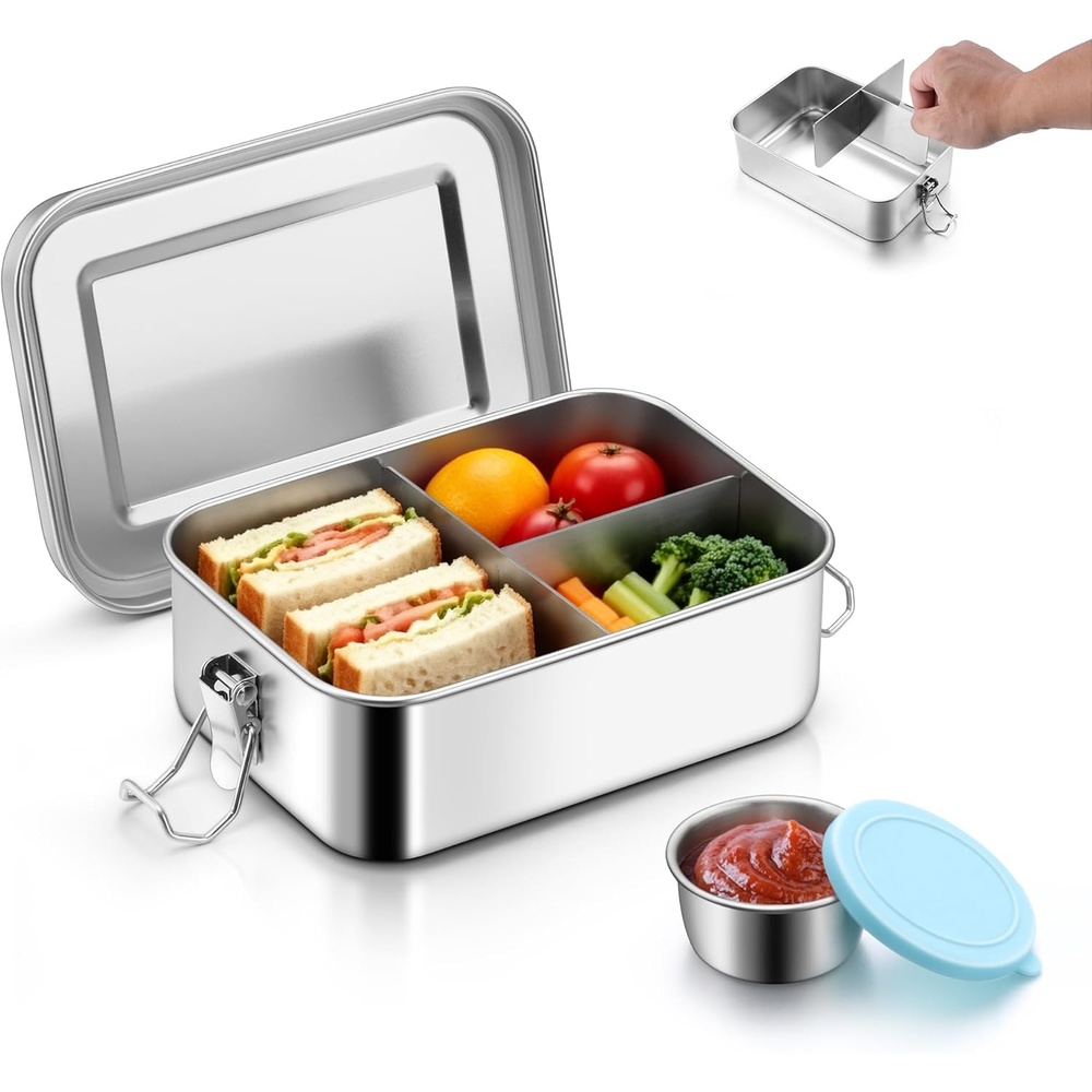 image:imageEfar Stainless Steel Bento Box for Kids amp Adults 47oz1400ml Leakproof Lunch Box with 3 Compartments amp Dressing Container Removable Dividers amp Lockable Clips for LunchWork Dishwasher SafeBlueBlue